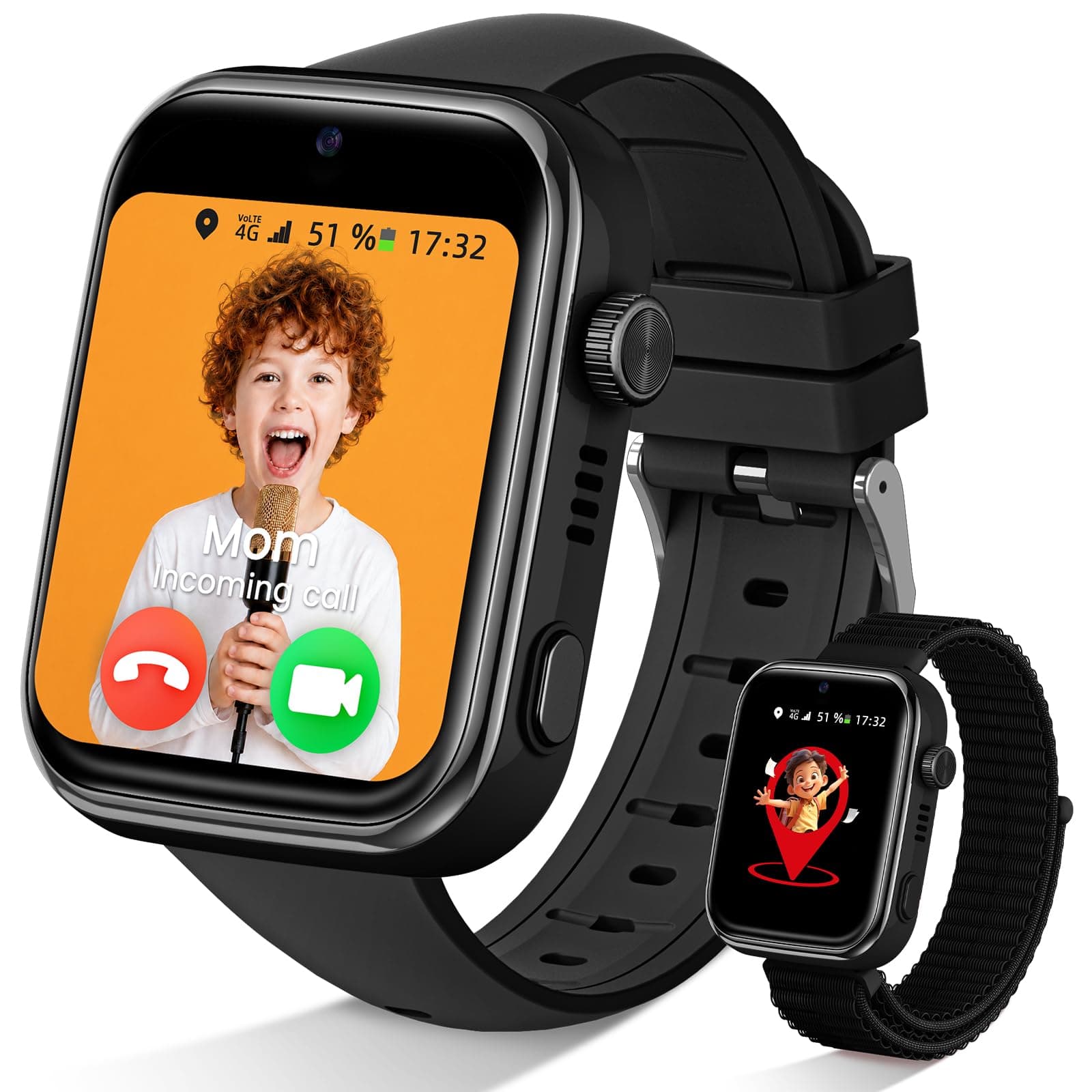 Pietraud 4G Mejorada Reloj Inteligente Niño con Llamadas,Negro | Smartwatch Niño Videollamadas, Chat de Voz, WhatsApp, WiFi, GPS, SOS, SMS, Impermeable IP68, Modo Escuela y Podómetro Regalo