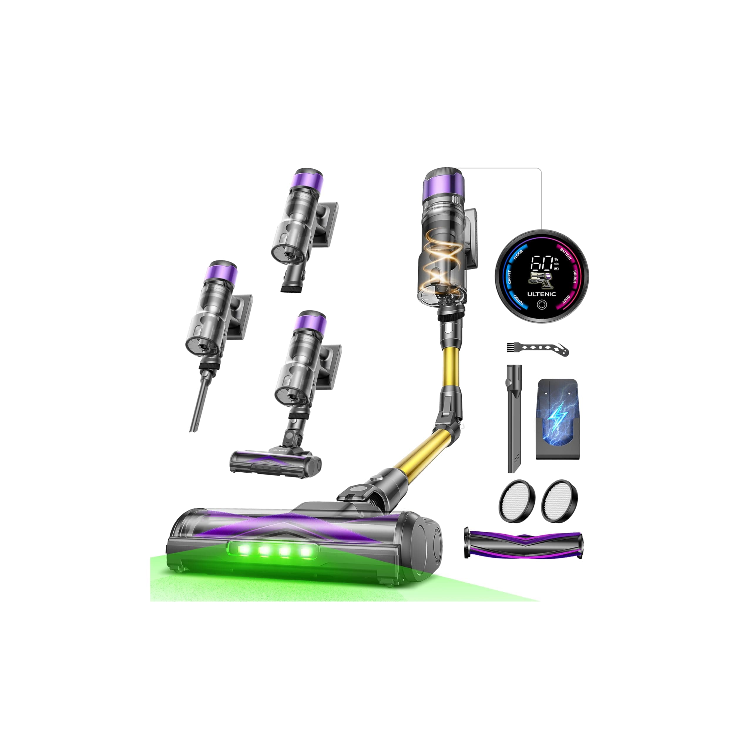 Ultenic U20 Akku Staubsauger, 55000Pa/ 600W/60Min Staubsauger Kabellos Mit Selbststehendes Design, Flexibles Biegegelenk, GreenEye-Technologie, Anti-Tangle Bodenbürste für Hartböden Teppiche Tierhaare