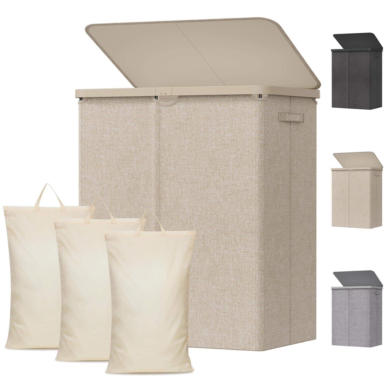 Lifewit 3 Fächer Wäschekorb mit Deckel, 165L Wäschesammler mit Kunststoffrahmen, faltbarer großer Wäschesortierer, Wäschebox Laundry Baskets für Schlafzimmer, Bad, Beige