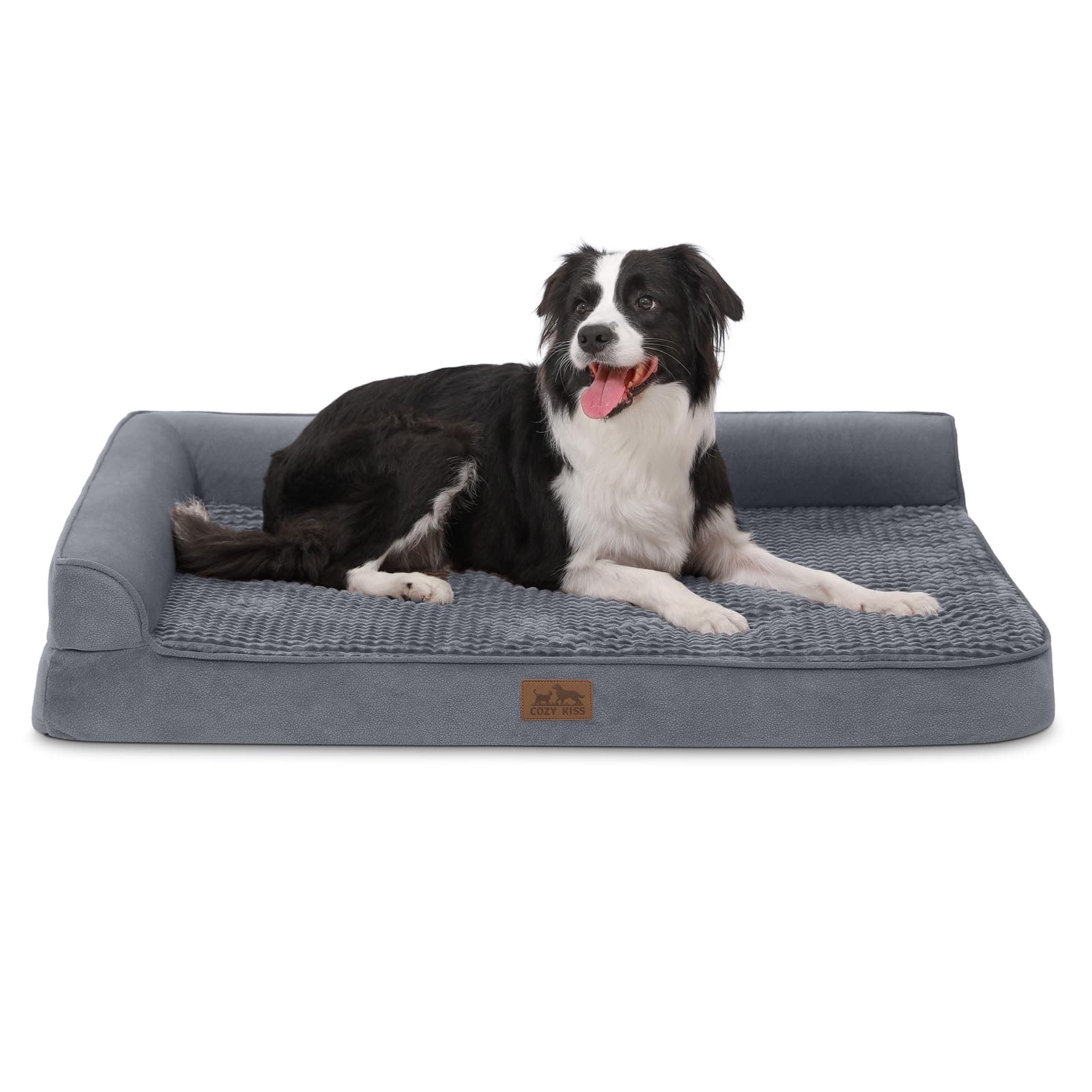 COZY KISS Cama Ortopédica para Perros Extra Grandes, XL 107x76x19cm Gris | Espuma Alveolada, Base Antideslizante, Funda Impermeable y Desmontable, Lavable a Máquina, Sofá Portátil en L para Mascotas