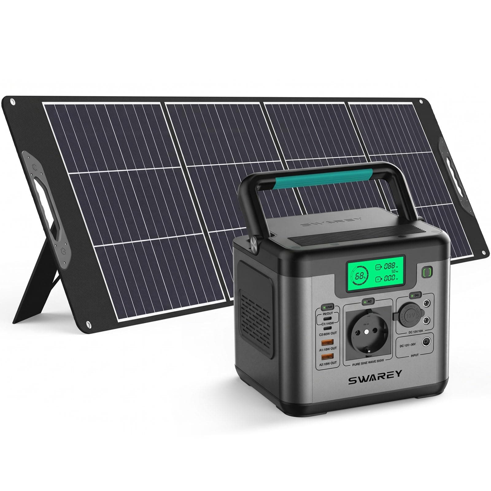 SWAREY Estación de Energía S550 con Panel Solar de 200W, Generador Solar de 555Wh, CA de 550W (Pico de 1100W), Carga Rápida Bidireccional USB-C de 140W para Camping Hogar Viajes Emergencias