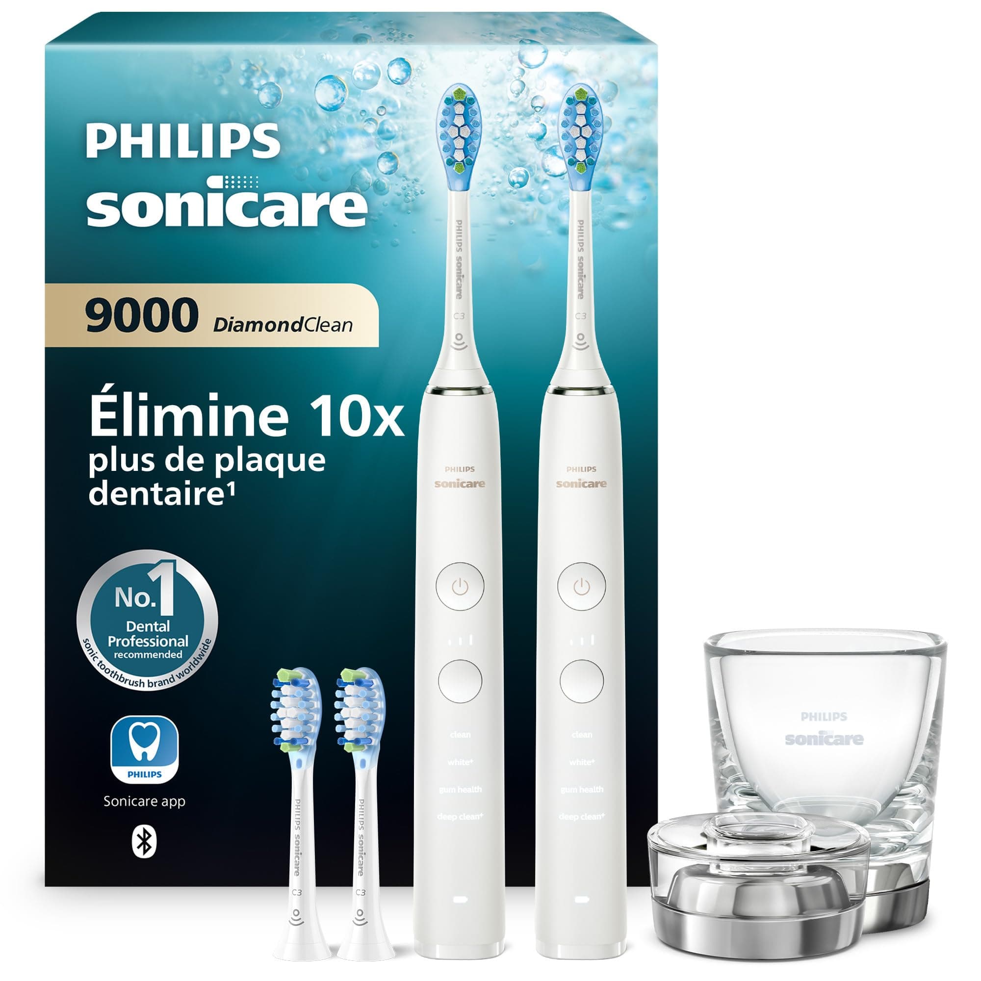 Philips Sonicare DiamondClean 9000 - Brosse à dents électrique avec application, capteur de pression, verre de recharge, blanc, lot de deux, modèle HX9914/62