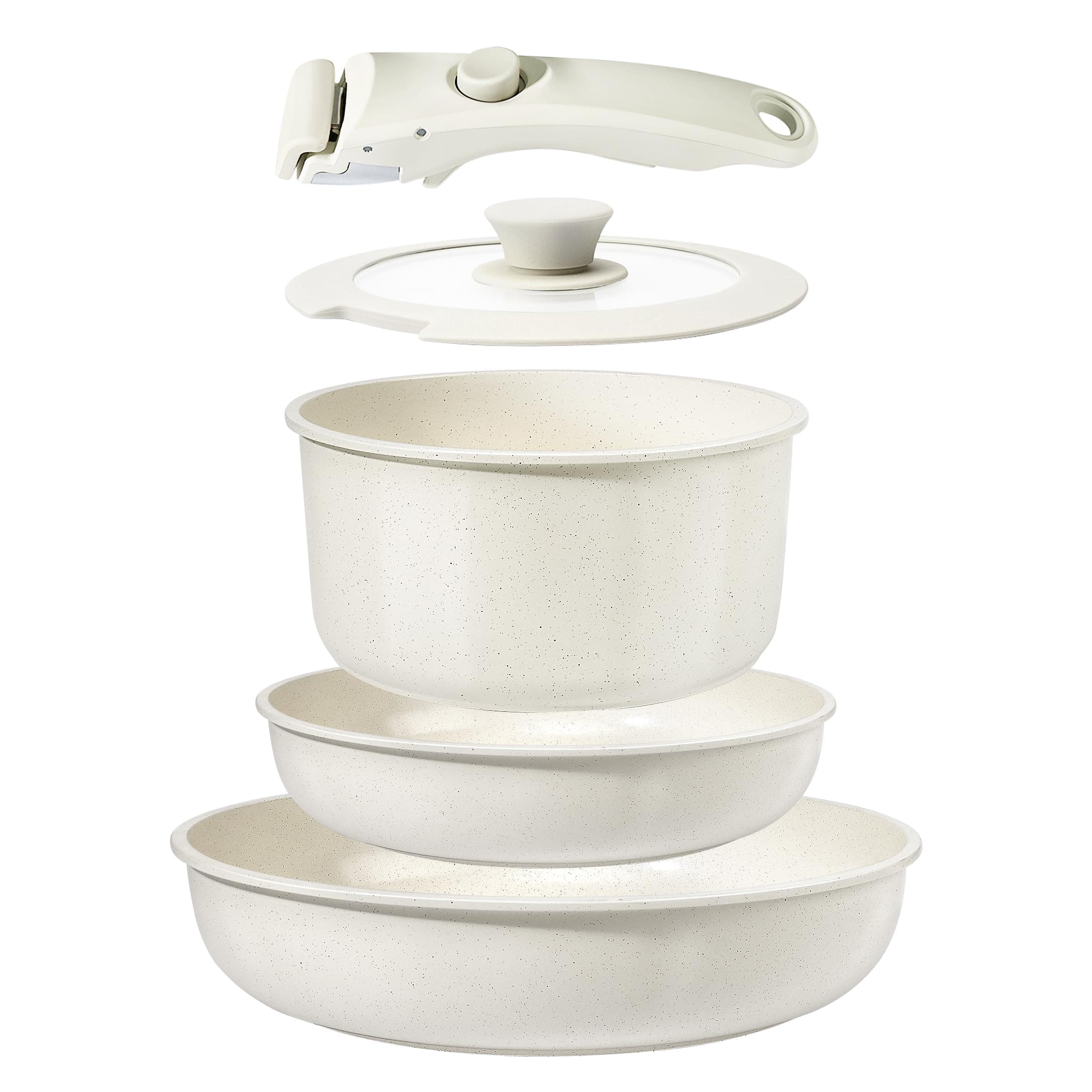 GiPP Juego de Ollas y Sartenes Cerámicas Antiadherente - Juego de Cocina con Mangos Desmontables, No Tóxico, Apto para Inducción, Horno y Lavavajillas(Blanco 5PCS)