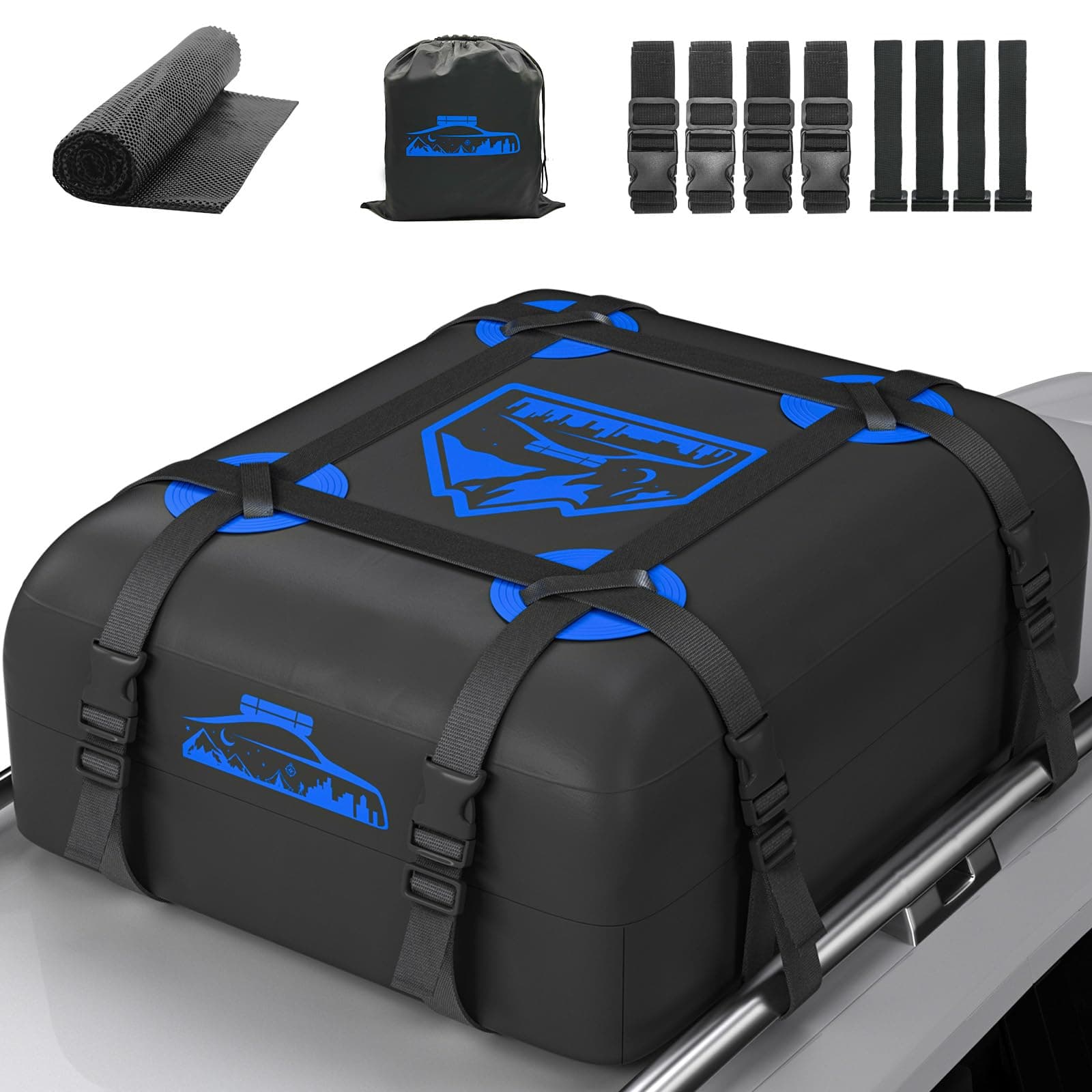 Rymopuey Cofre de Techo 15cubos/425L, Cofre de Techo para Coche 700D Impermeable, Cofre de Techo con Almohadillas Antideslizantes y 8 Correas de sujeción, pto para Coches con/sin Portaequipajes