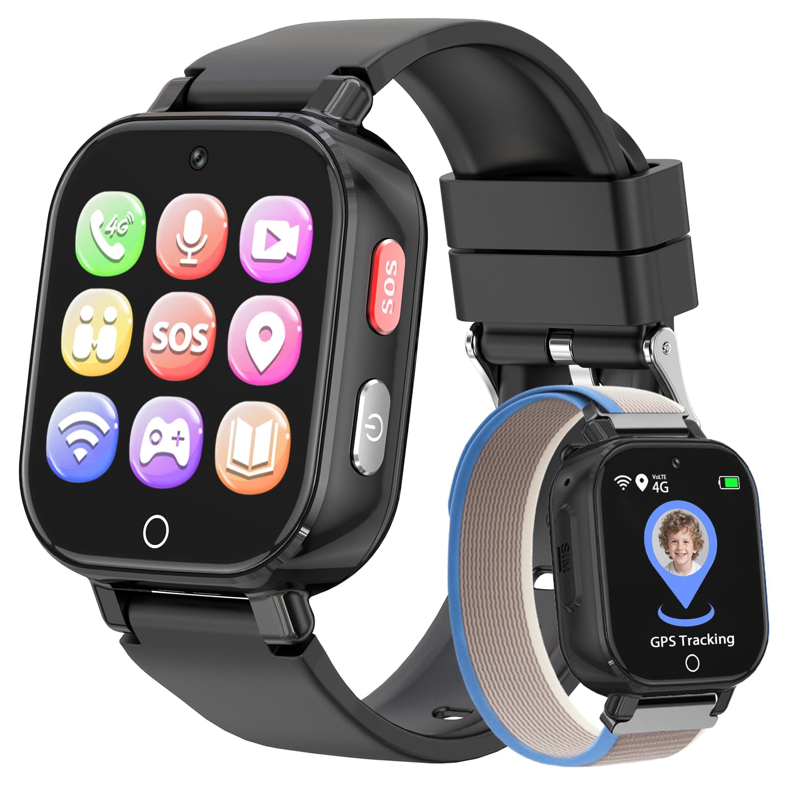Smartwatch Bambini 4G con Videochiamata, GPS, SOS, Chat Vocale, IP68 Impermeabile, Modalità Classe, Contapassi, Sveglia, Camera, Orologio Smartwatch Regalo per Bambino e Bambina 4-12 Anni (Nero-8A)