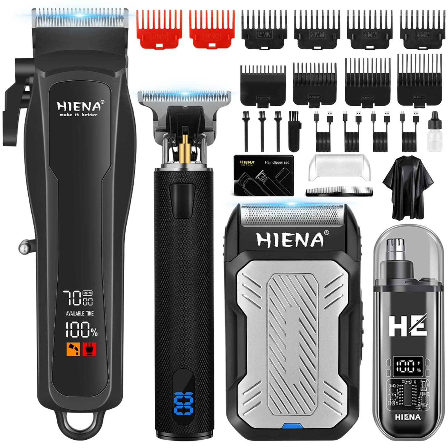 HIENA PRO Tondeuse à cheveux professionnelle pour homme, Tondeuse sans fil pour cheveux et barbe, Rasoir à foil, Nasentrimmer Set, Kit complet rechargeable USB, Kit électrique de tonte de cheveux