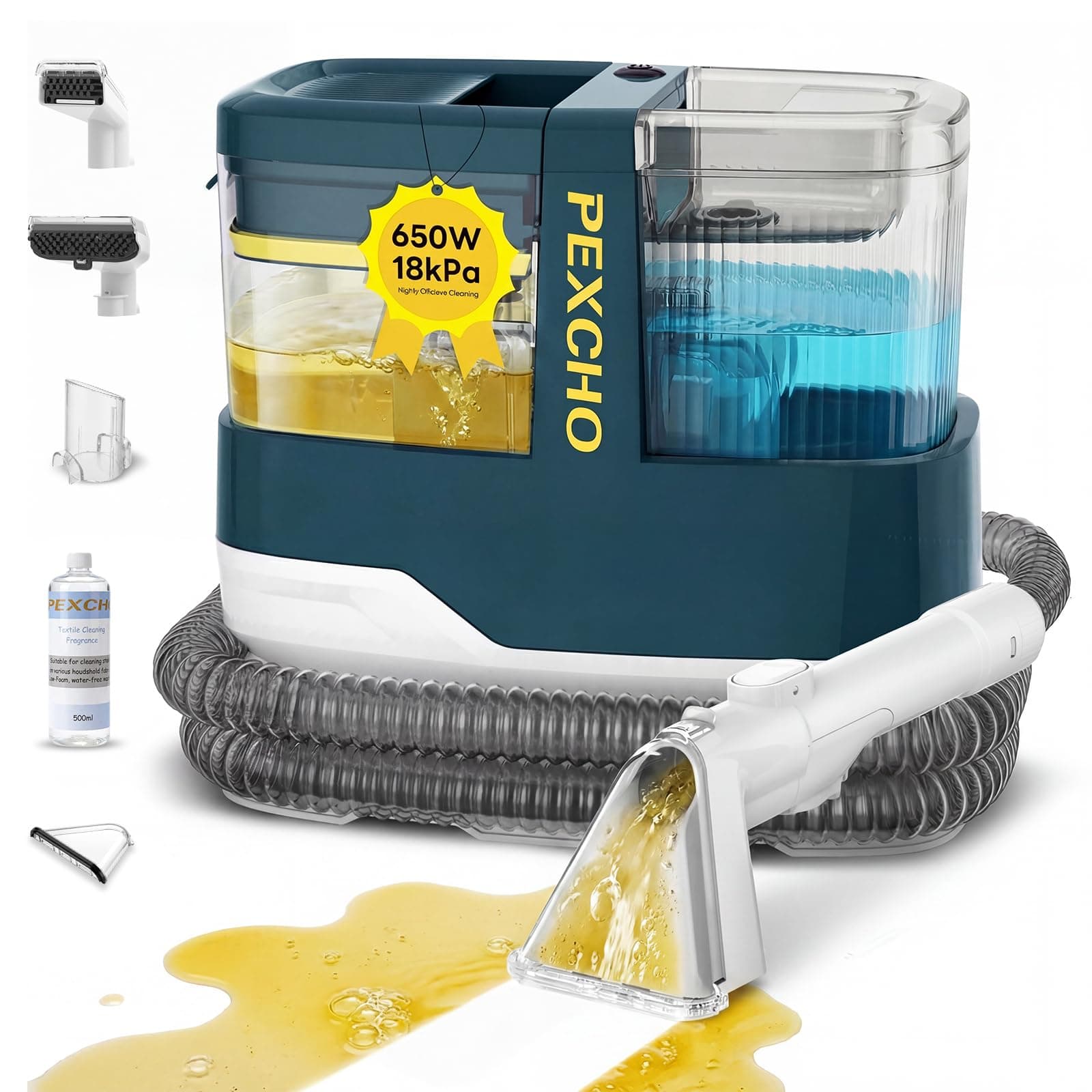 PEXCHO Limpiador de Tapicerias 18kPa Aspiradora de Agua Tapiceria 650W Maquina Limpia Tapicerias para Sofas Alfombras Coche Colchones y Mascotas con Autolimpieza,Depositos Extraibles,Tubos flexibles