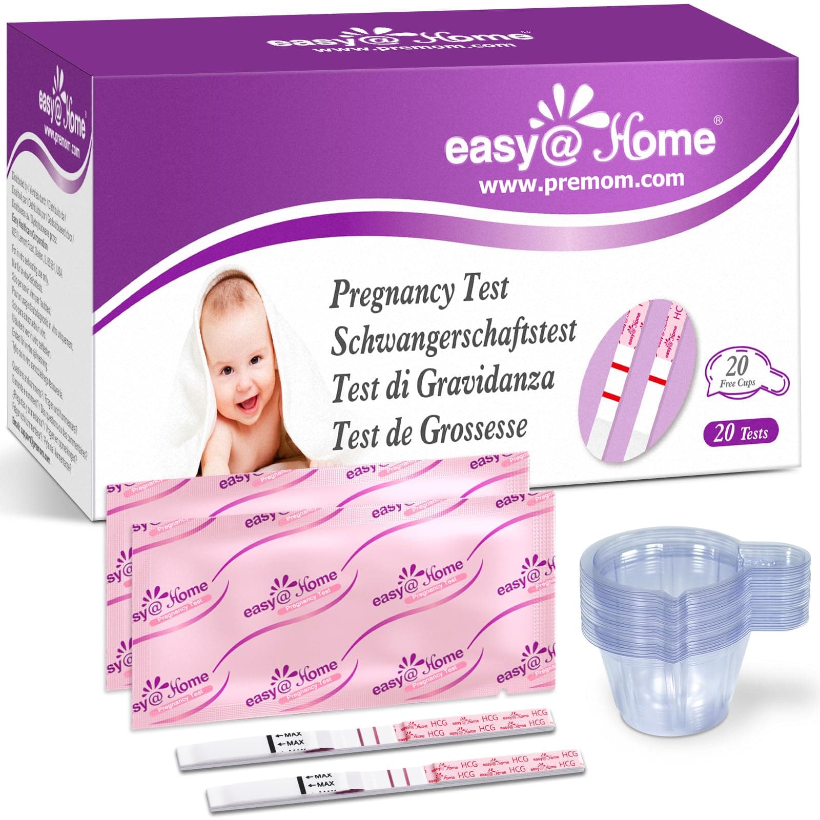 Easy@Home : Bandelettes de test de grossesse, lot de 20 avec 20 gobelets à urine, kit de test rapide hCG à 10 mIU/mL