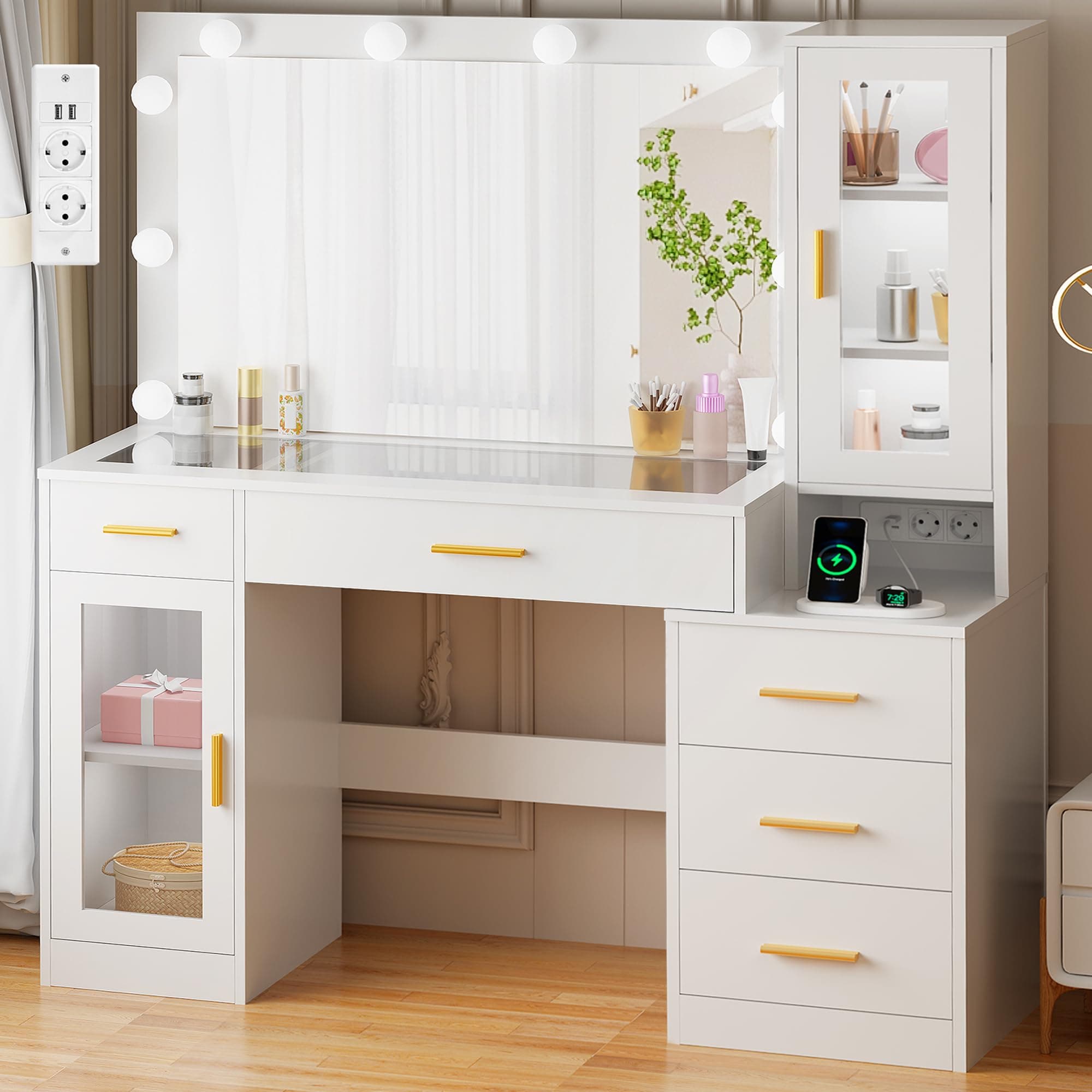 BEWISHOME Grande Coiffeuse avec Miroir et Lumières,Luminosité Réglable,Coiffeuse avec Plateau en Verre,Table de Maquillage avec Prise de Courant,Tiroirs,pour Chambre Blanc EFST34W