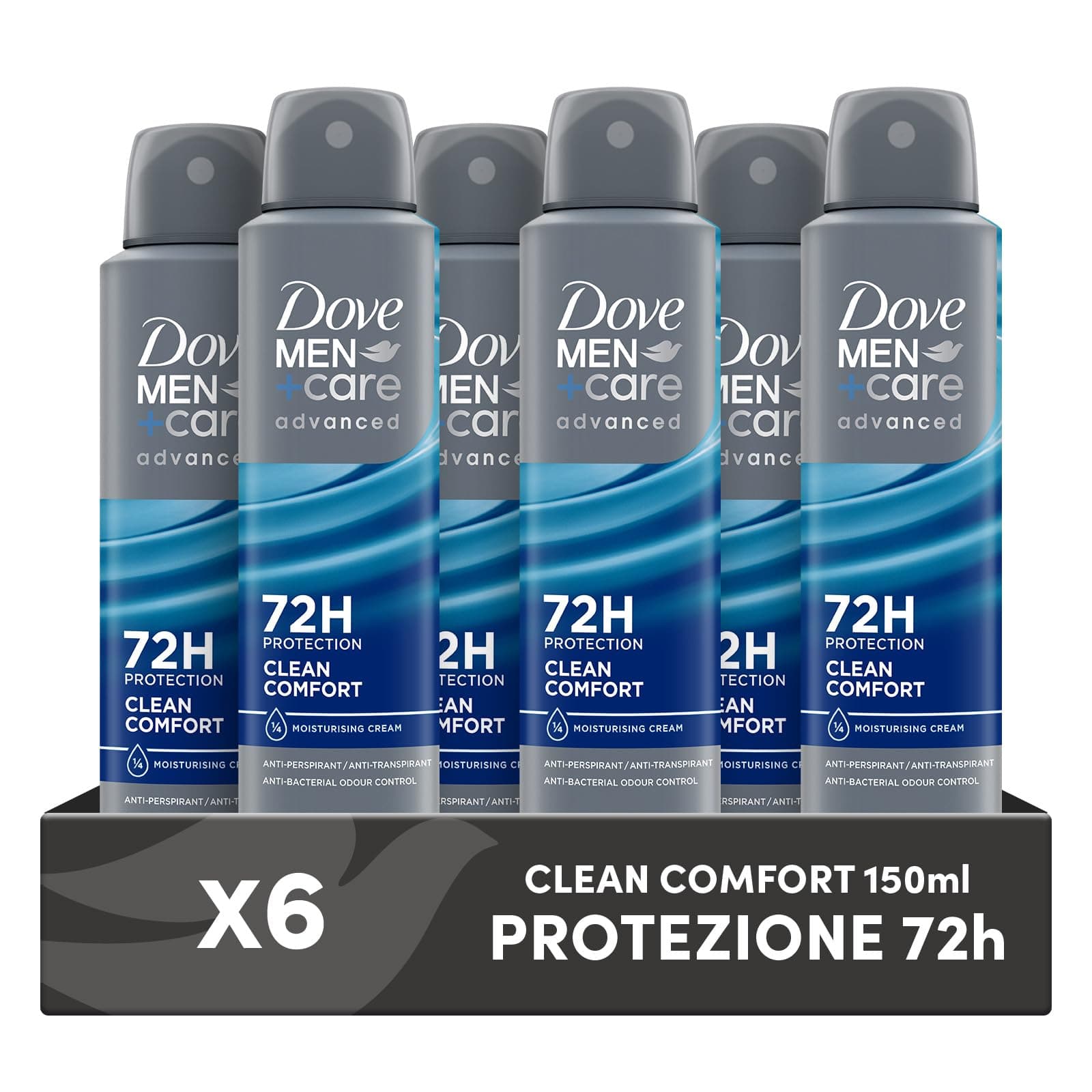 Dove Deodorante Dove Men + Care Clean Comfort Spray Advanced Care, Deodorante Uomo, con 1/4 Crema Idratante, Formula Idratante e Delicata sulla Pelle, Protezione Fino a 72 Ore, 6 Pezzi da 150 ml