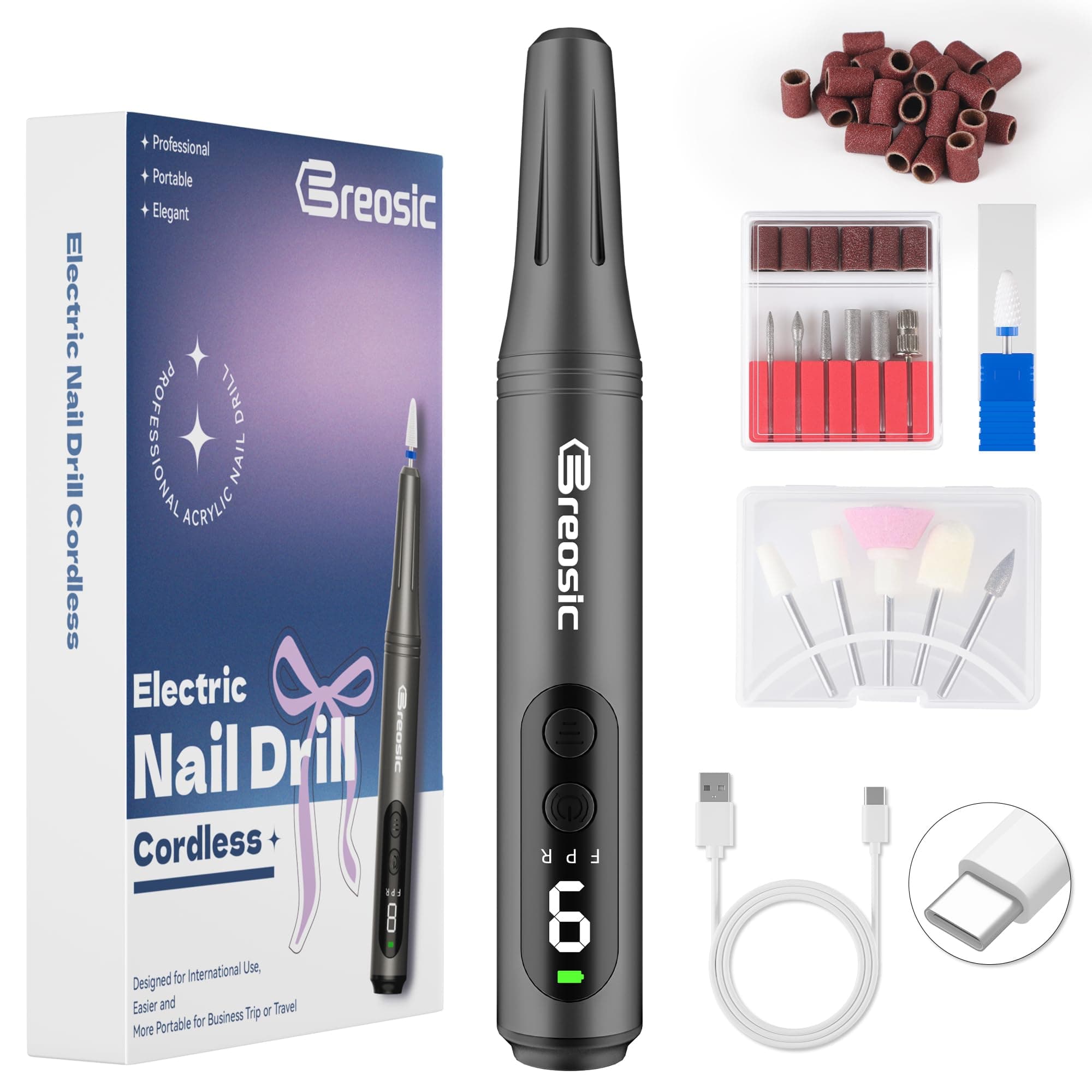 Breosic Torno para Uñas Profesional lima electrica uñas 12 en 1, Gris | 35000 RPM, 9 Velocidades Ajustables, limas de uñas profesionales con 12 Brocas, para Uso Doméstico y Salón, Principiantes