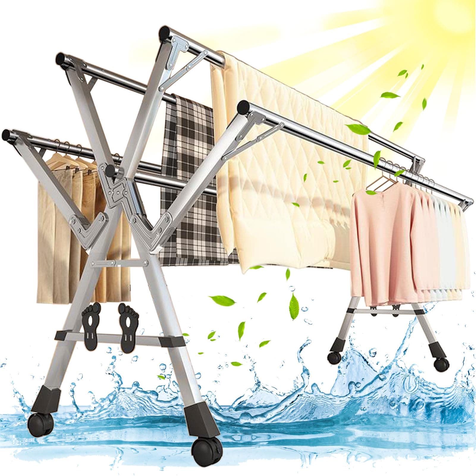 YSUEFIJO Etendoir a Linge Interieur Exterieur Retractable Pliant, Clothes Rack a Roulette Extensible, Sechoir a Linge Acier Inoxydable 5 Canne avec Crochets Coupe-Vent, étagère à Chaussures (240cm)