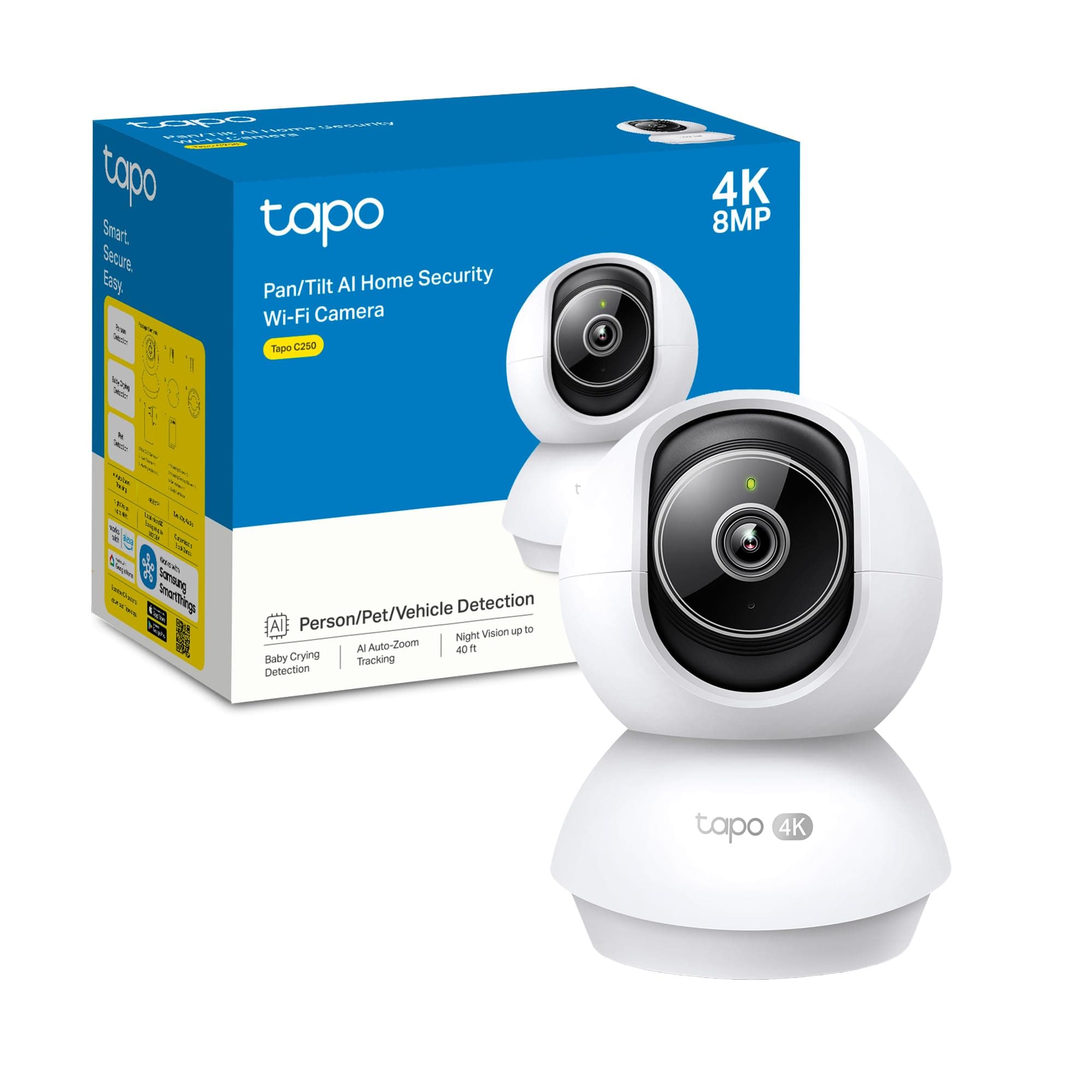 Tapo C250 4K 8MP Telecamera Wi-Fi Interno, AI Auto-Zoom Tracking Persone/Animali, Visione Notturna, Allarme acustico e luminoso integrato, Compatibile con Google e Alexa