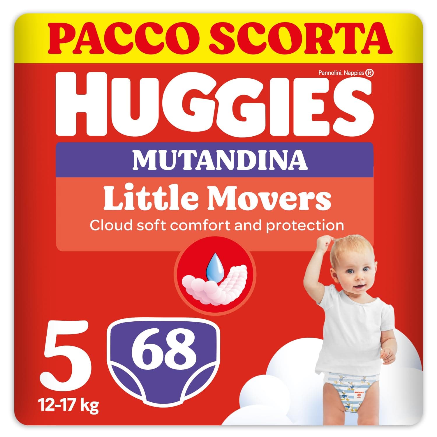 Huggies Little Movers Pannolini Mutandina Taglia 5 (12-17 Kg), Ultra assorbente, Protezione completa, Pacco Scorta, 68 Pz