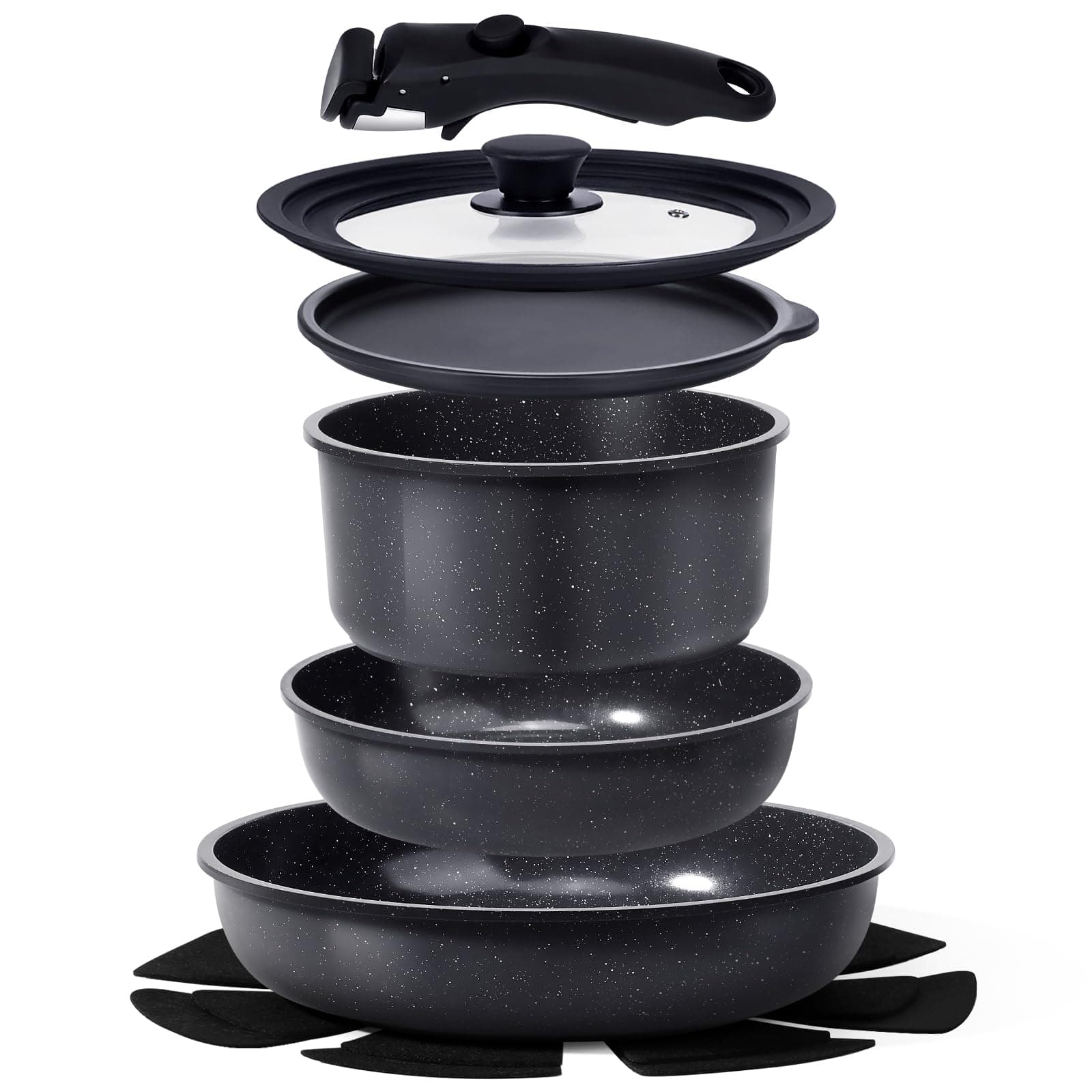 GiPP Batterie Cuisine en CéRamique AntiadhéSive et Poignee Amovible, 8 PCS | Poêle 24/28 cm, Casserole 22cm- Poele Induction de Camping, Empilable, Compatible Lave-Vaisselle / Fours, Tous Feux Lot, Noir