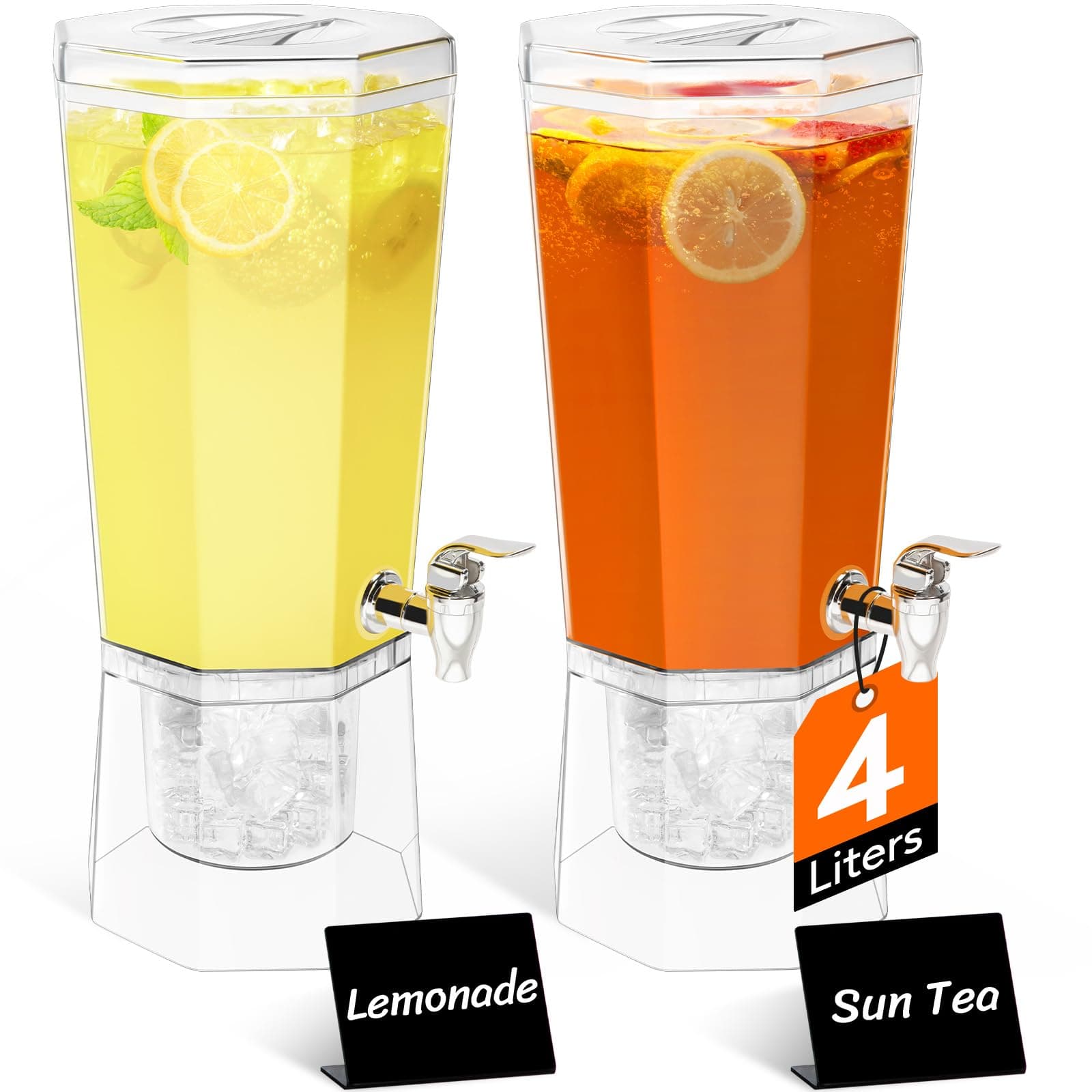 Lifewit 4L Dispenser Bevande con Rubinetto, Dispenser Acqua in Plastica, Contenitore Distributore Bevande Ghiacciati con Supporto per Cocktail, Succhi, Limonata e Tè, Set di 2 (in 1 Confezione)