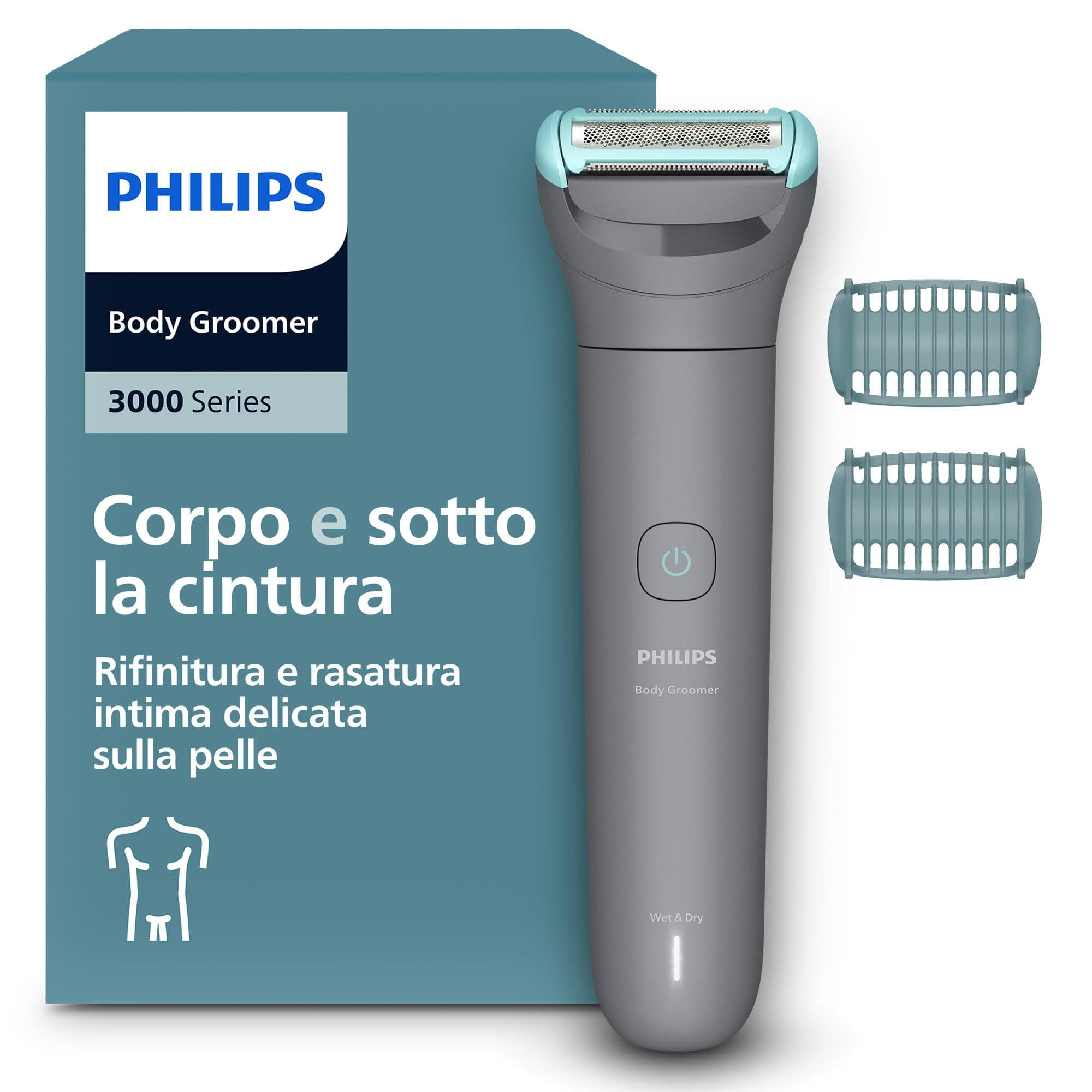Philips Bodygroom series 3000 - Rifinitore per uomo tripla protezione, Rifinitura e rasatura intima, Preciso e confortevole sulla pelle, Impermeabile al 100%, 80 minuti di autonomia, Modello BG3480/15