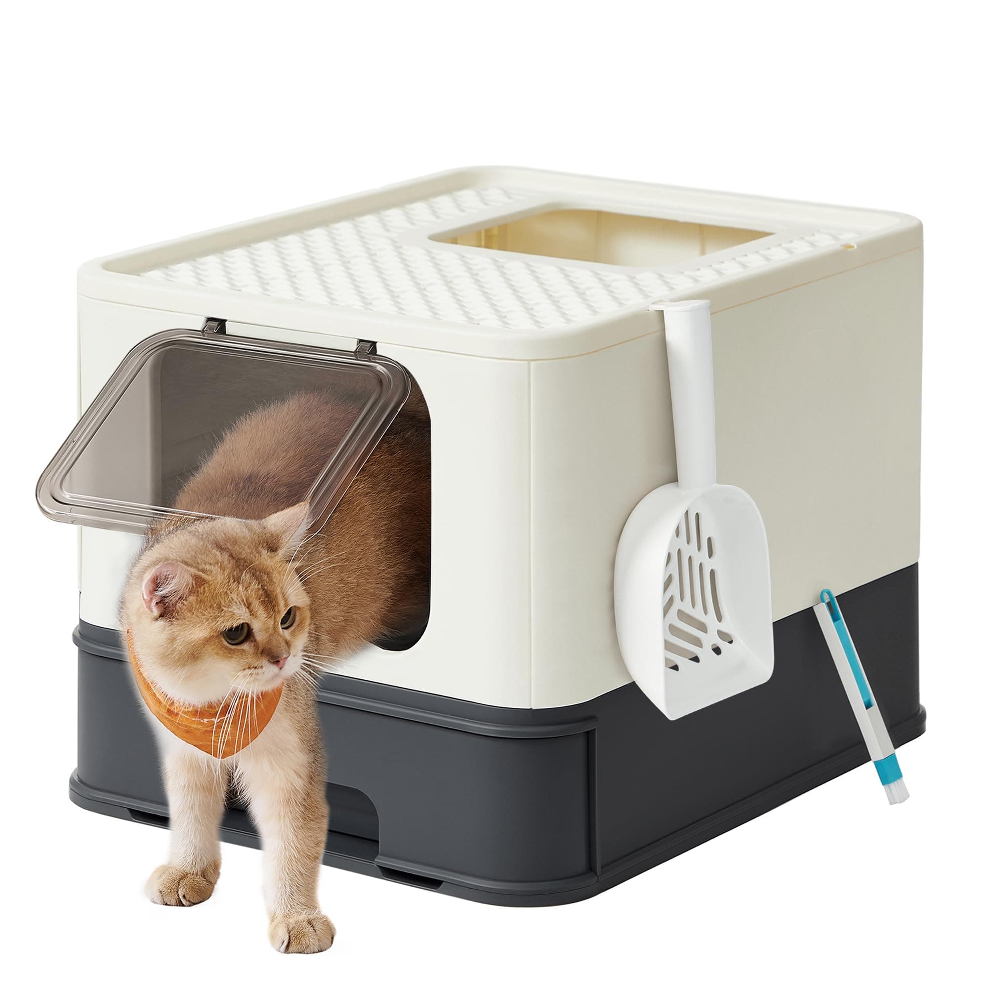 Feandrea Bac à Litière Fermé pour Grand Chat, Maison de Toilette, Plateau Amovible, Pelle, Brosse, Capacité 15 kg, Anti-Traces, Anti-fuites, Beige et Noir PPT001W01