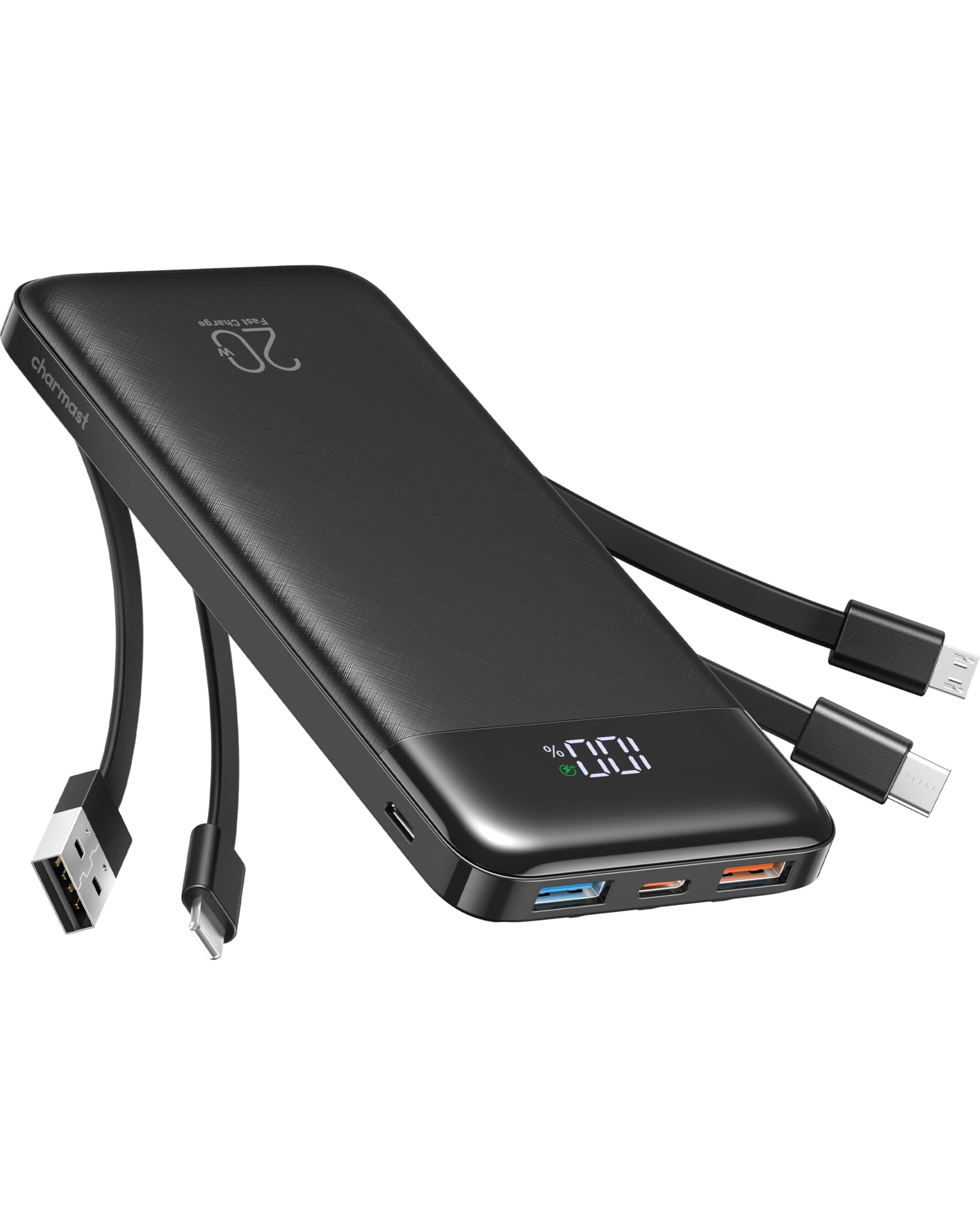 Charmast Batterie Externe 20000mAh, 22.5W Power Bank Charge Rapide avec câbles intégrés, 6 Sorties et 4 Entrées pour iPhone 17 16 15 14 Samsung S21 S22