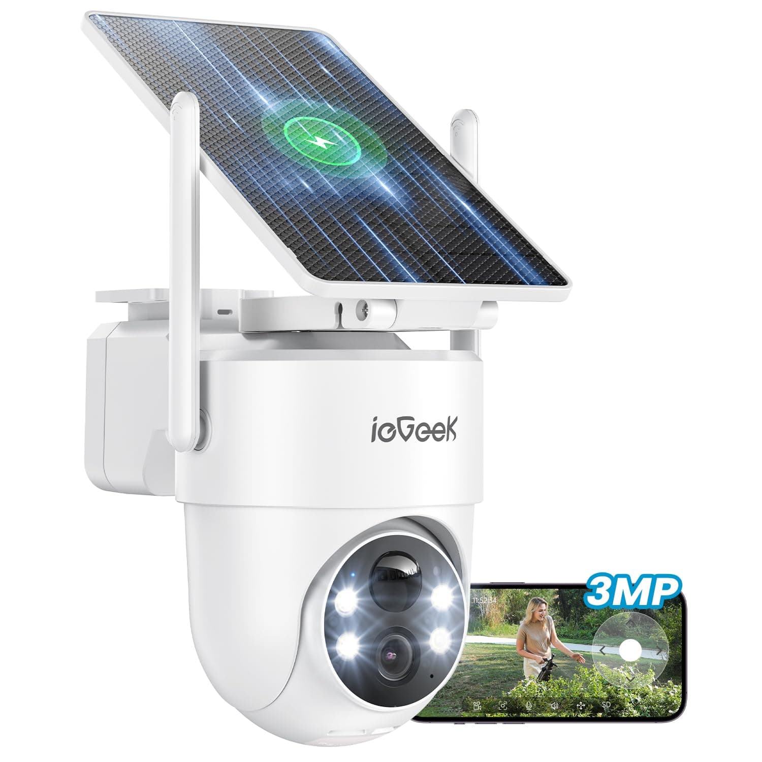 ieGeek 2K Camera Surveillance WiFi Exterieure sans Fil Solaire avec Panneau Solaire Amovible,360° Panoramique PTZ, Vision Nocturne Couleur, Détection Humaine PIR,Sirène,S5