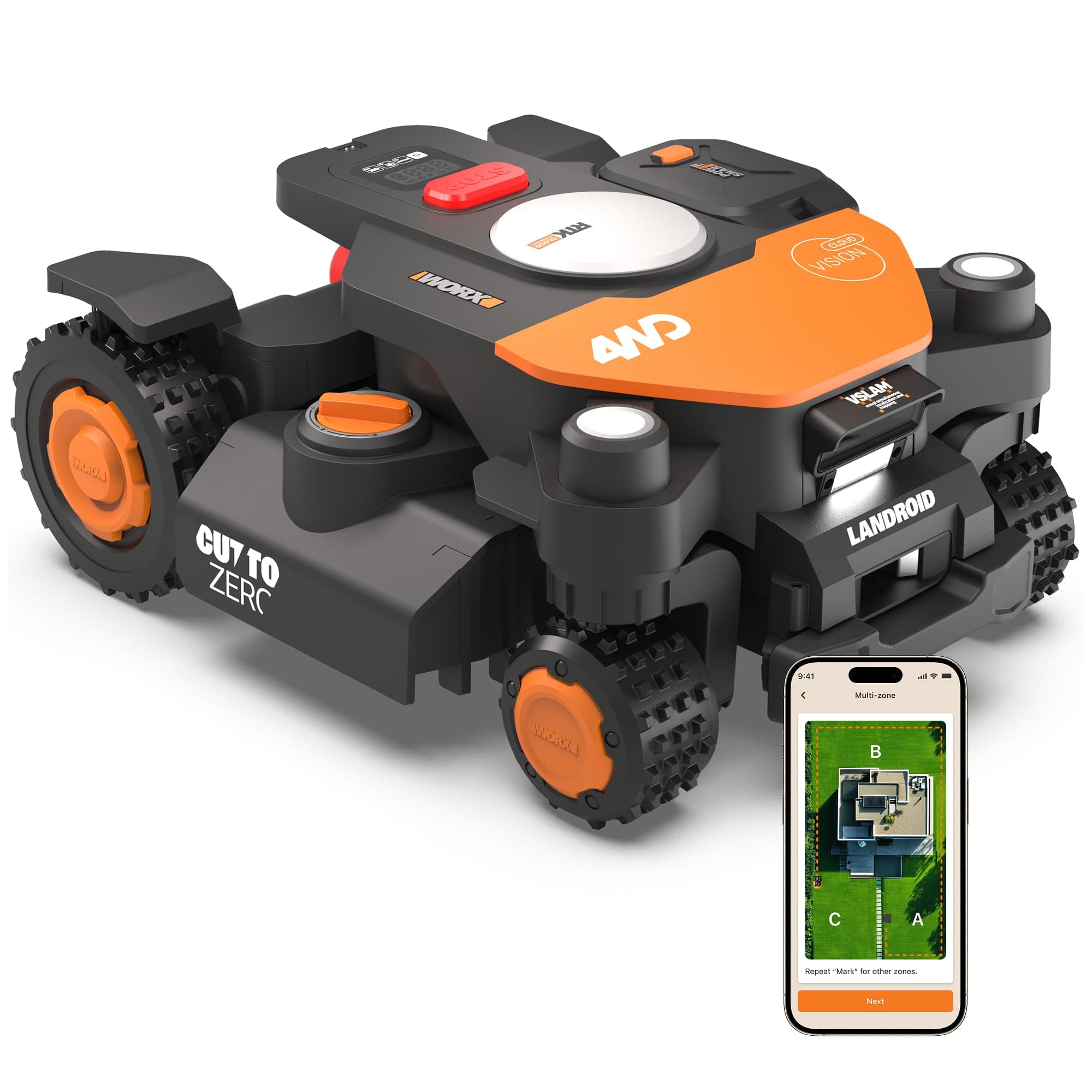 WORX Landroid Vision Cloud WR344E 4WD Mähroboter ohne Begrenzungskabel für 4000 m² (KI-Hinderniserkennung, VSLAM + 4G + RTK Cloud Navigation, 84% Steigung, Auto-Mapping, App-Steuerung, Cut-to-Zero)