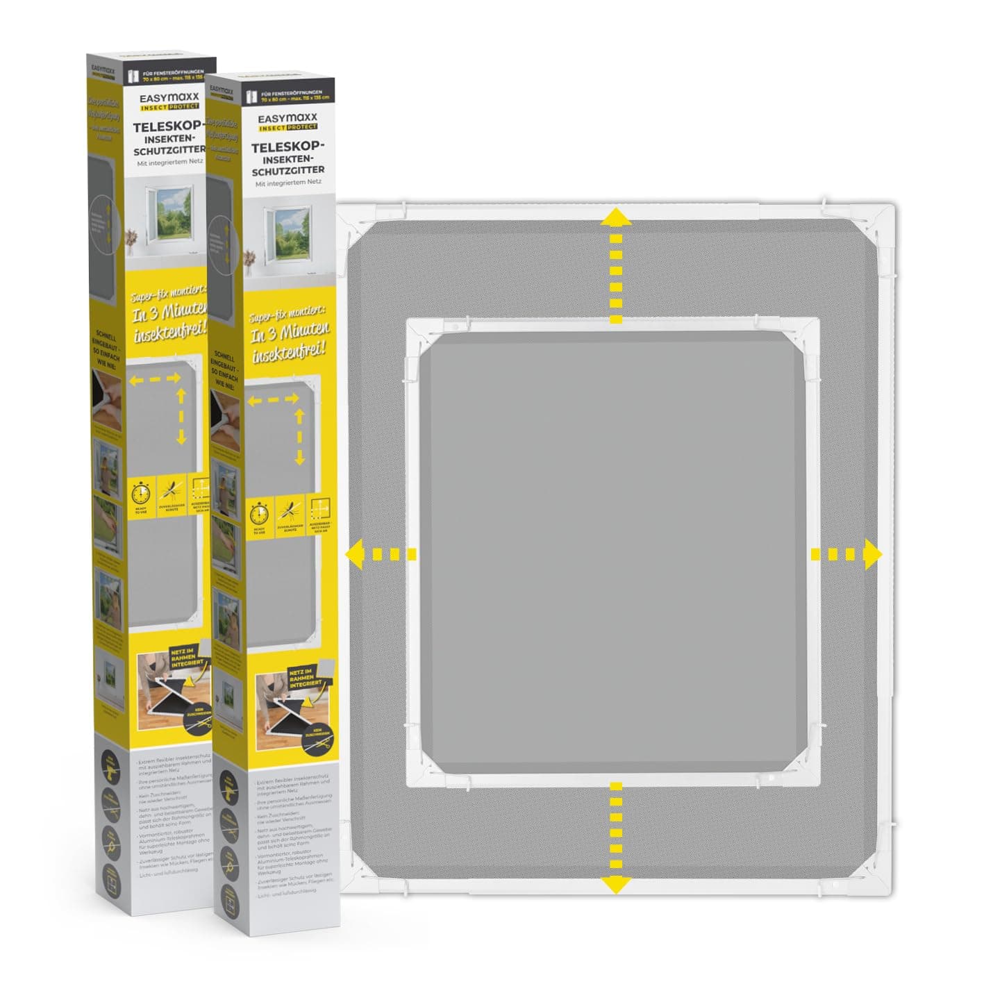 EASYmaxx Insect Protect | Teleskop-Insektenschutzgitter | Fliegengitter Fenster | mit vormontierten Rahmen | ausziehbarer Insektenschutz | integriertes Netz | weiß | 2er-Set