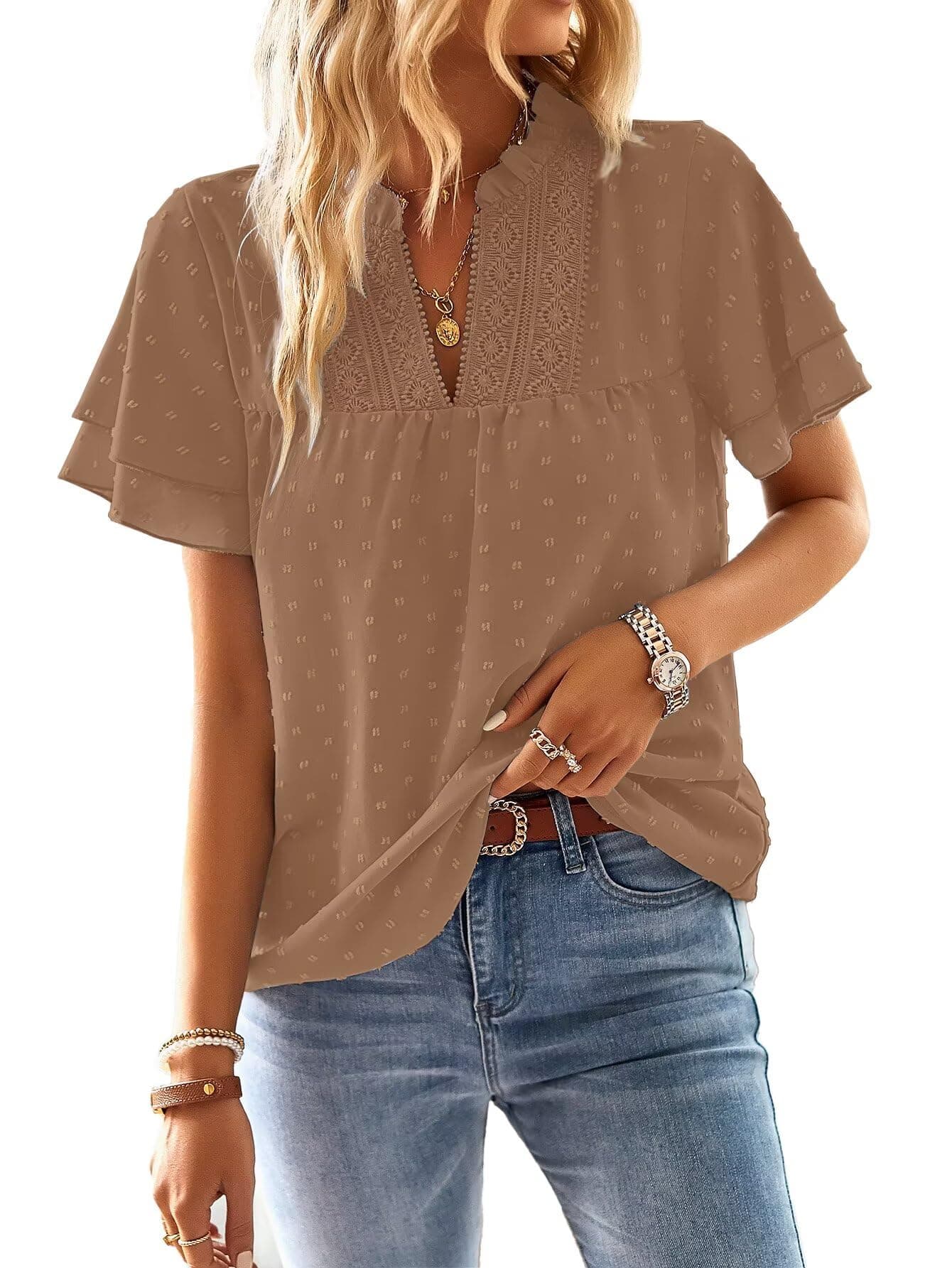 TUUHAW Chemisiers et Blouses Femme à Manches Courtes d'Été Col en V Tunique Bohème Fluide Chemise Élégant Lâche Plissé Blouse