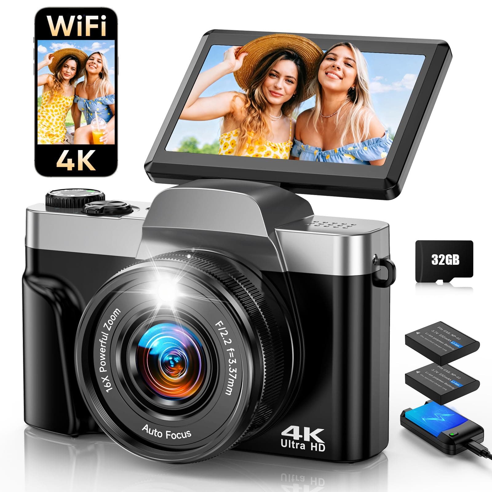 Fotocamera Digitale 4K con WiFi 64MP Macchina Fotografica Digitale | Schermo 3" 180°, Flash, Webcam, Autofocus, Zoom Digitale 16X, Anti-Shake, Scheda 32GB e 2 Batterie per Ragazzi, Principian