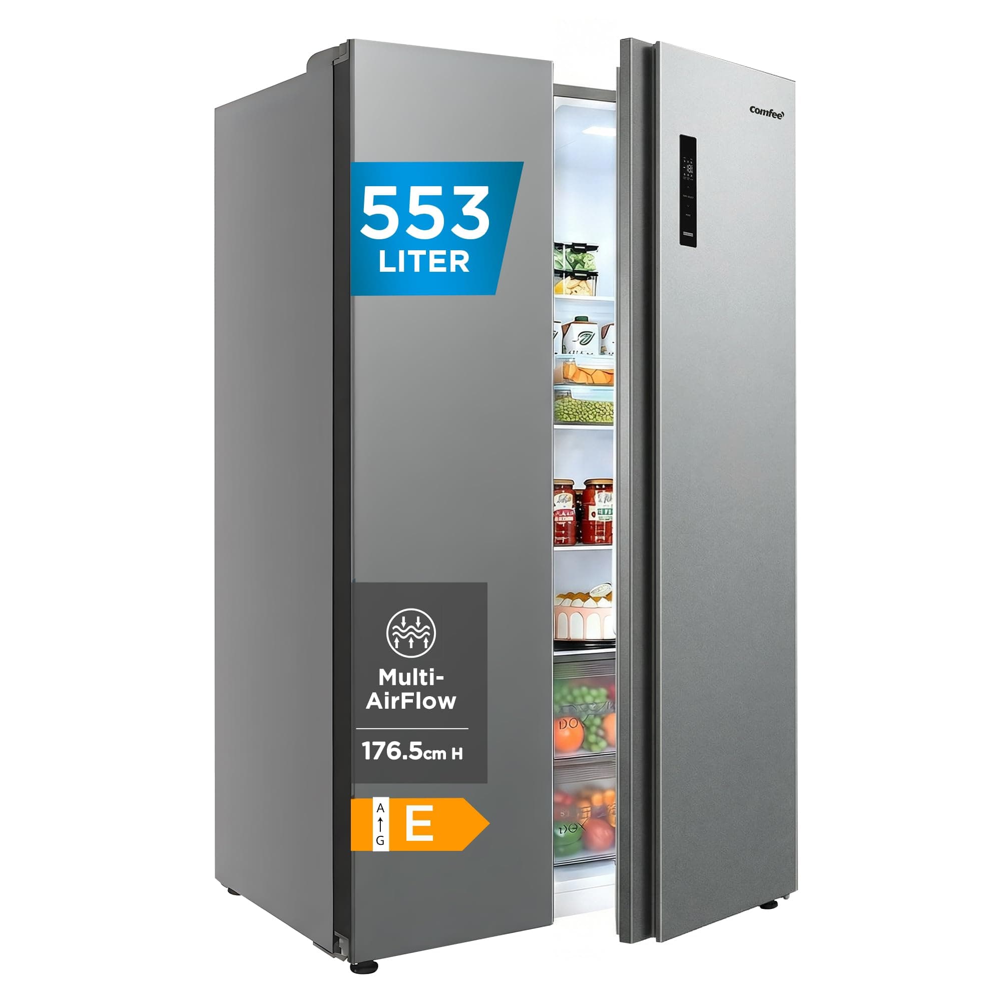 Comfee' Side-by-Side Kühl-Gefrierkombination 553 L | No Frost, 35 dB, Multi-Air-Flow | Platinum Fresh, Sensor & SuperCool | Titan-Grau, RCS536LS01EU(E)