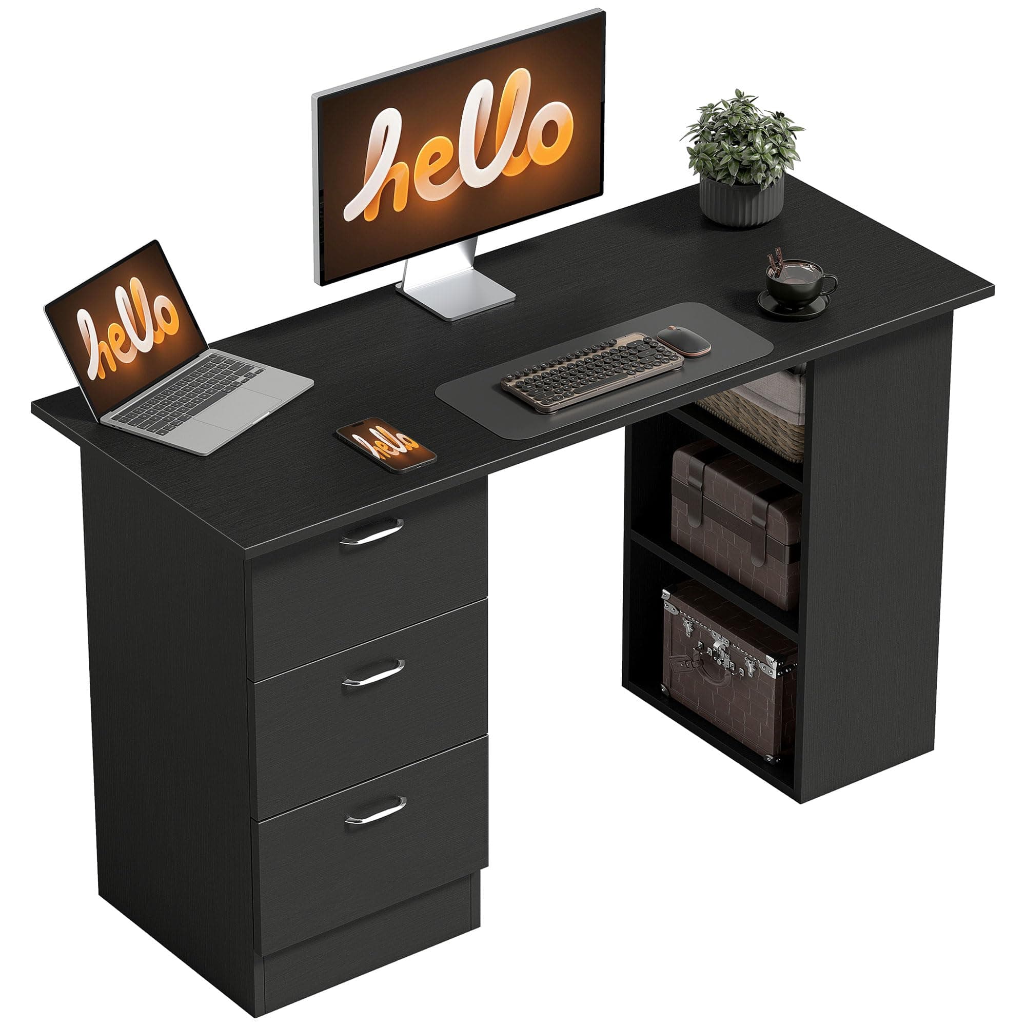 HOMCOM Bureau d'ordinateur avec 3 tiroirs et 3 étagères Ouvertes, 120x49x72cm, Bureau avec Rangement réversible, Style Moderne, Table Informatique pour Chambre, Petit Espace, télétravail, Noir