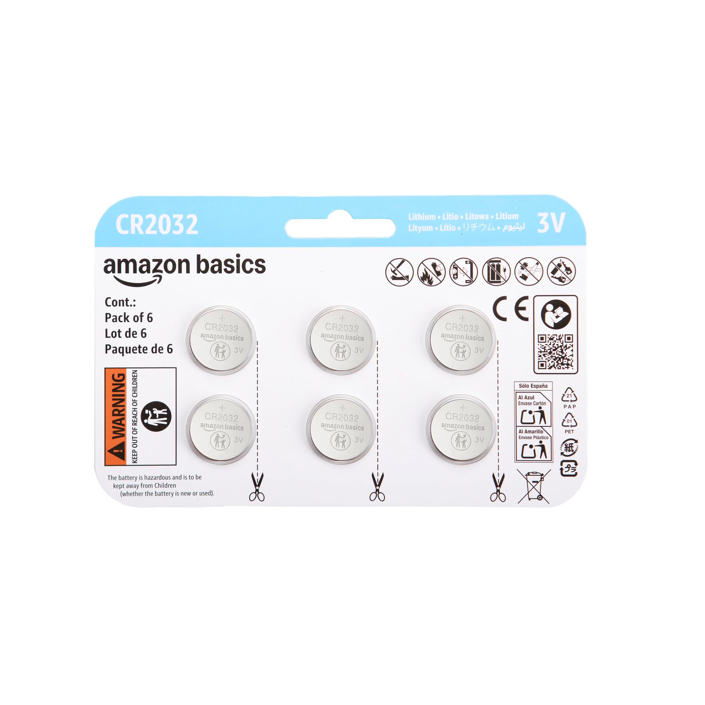 Amazon Basics, 6 batterie a bottone al litio CR2032, 3 Volt, lunga durata, senza mercurio