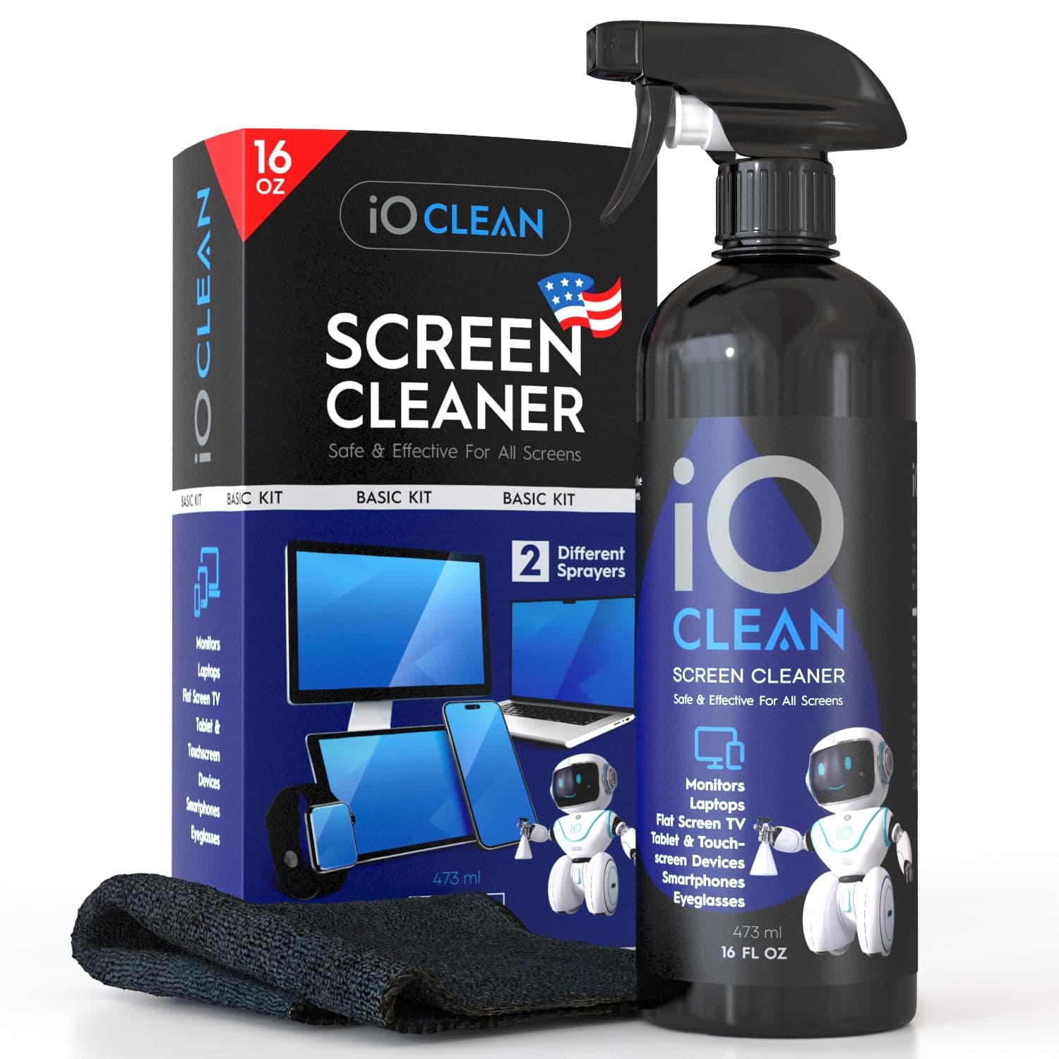 iO Clean Spray detergente per schermo (473 ml), grande kit di pulizia per TV LCD, LED, OLED, Smartphone, iPad, laptop, touchscreen, monitor del computer, altri dispositivi elettronici, salviette in
