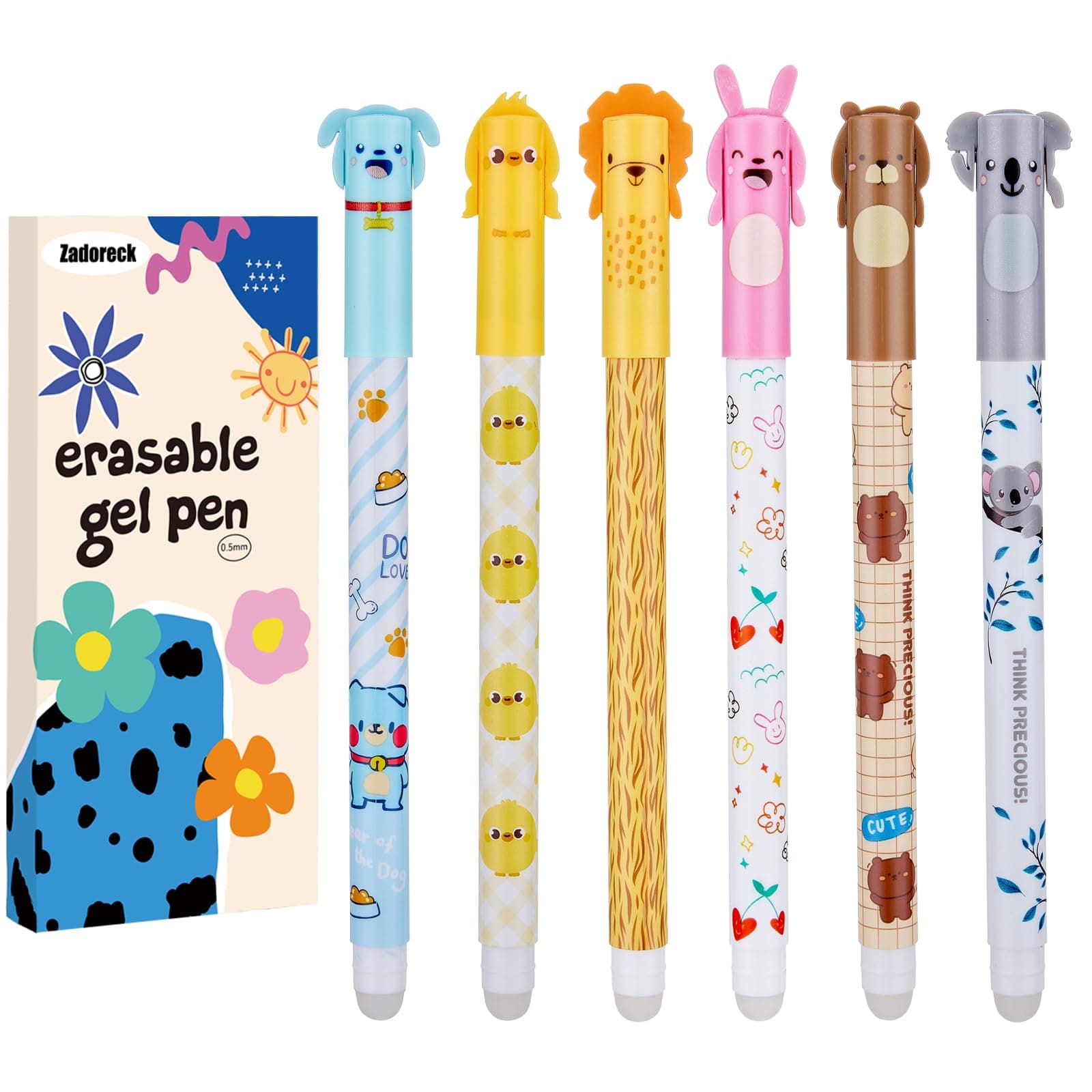 Zadoreck Stylo effacables Lot de 6 stylo gomme bleu thermosensible stylos à bille à encre gel pour enlever l'encre sans consommer la feuille pointe de 0,5 mm,Lapin, koala, éléphant, ours,lion,poussin
