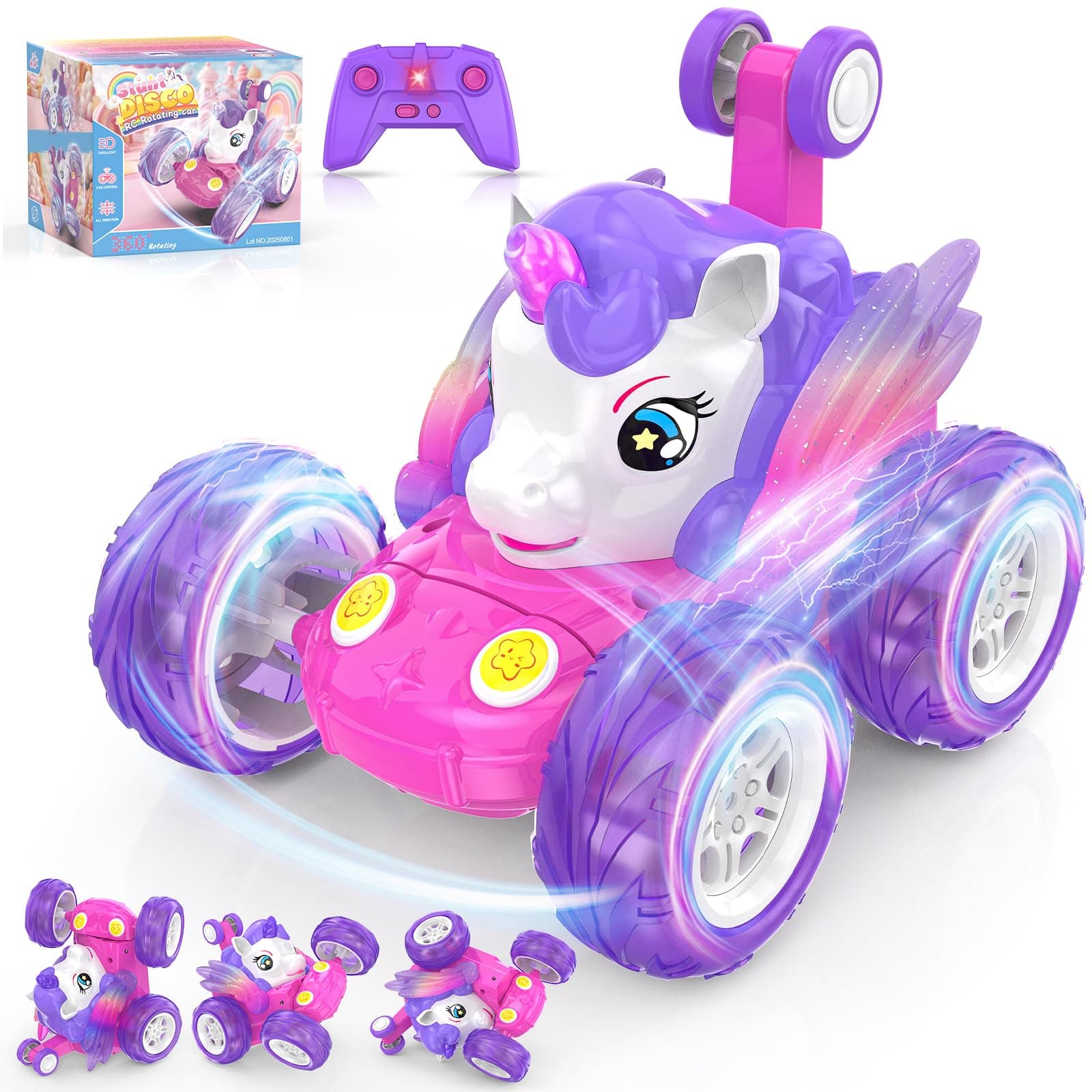 Coche Teledirigido Niña 3 4 5 6 7 8 9 Años, Juguete Unicornio Coche Radiocontrol RC Car Acrobacia Rotación 360° Regalo Cumpleaños Navidad Juego Carro Telecomandado Brinquedo Menina Criança Rosa