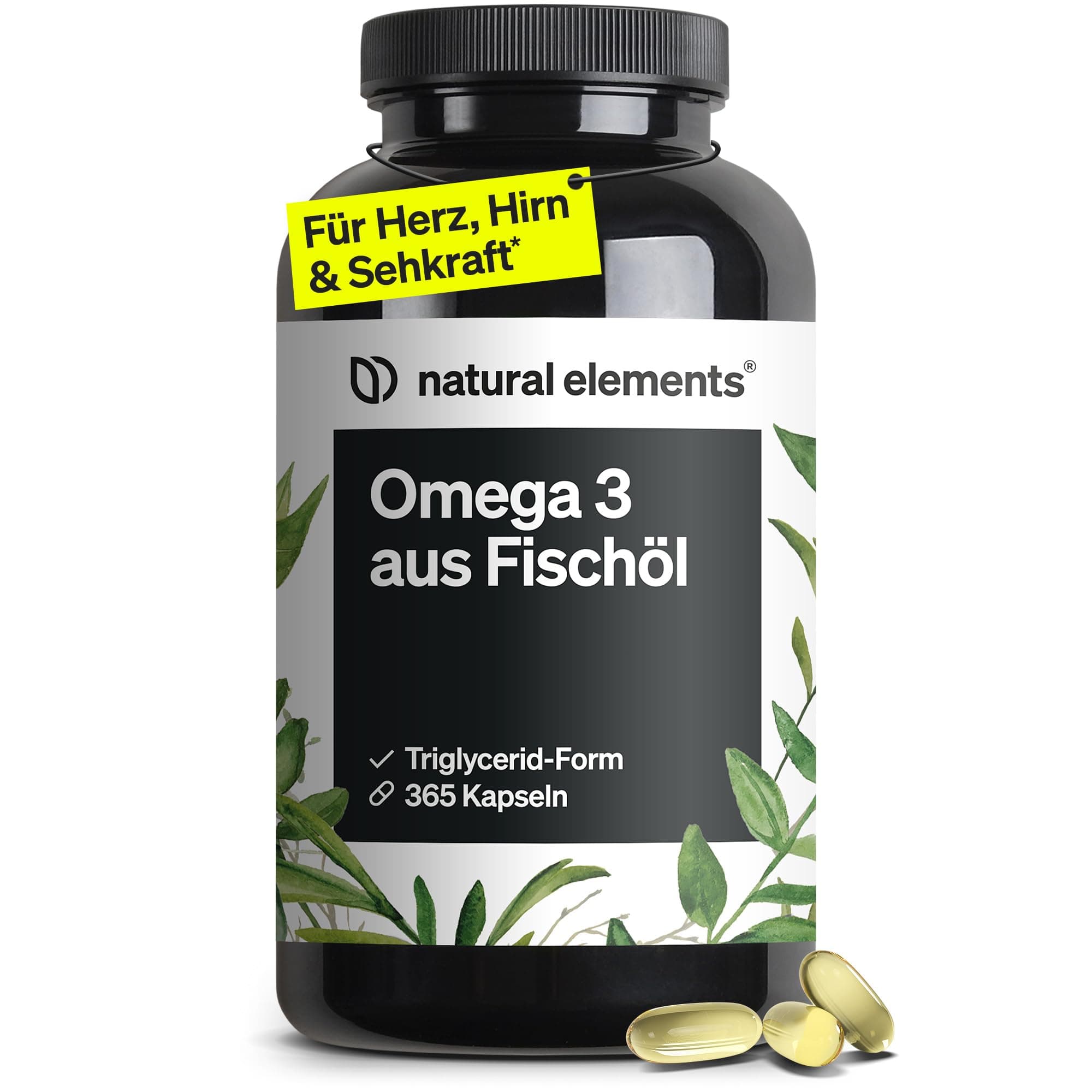 natural elements Omega 3 – 365 Kapseln – 2000mg Fischöl pro Tagesdosis – mit EPA und DHA in Triglycerid-Form – Laborgeprüft und aufwendig aufgereinigt