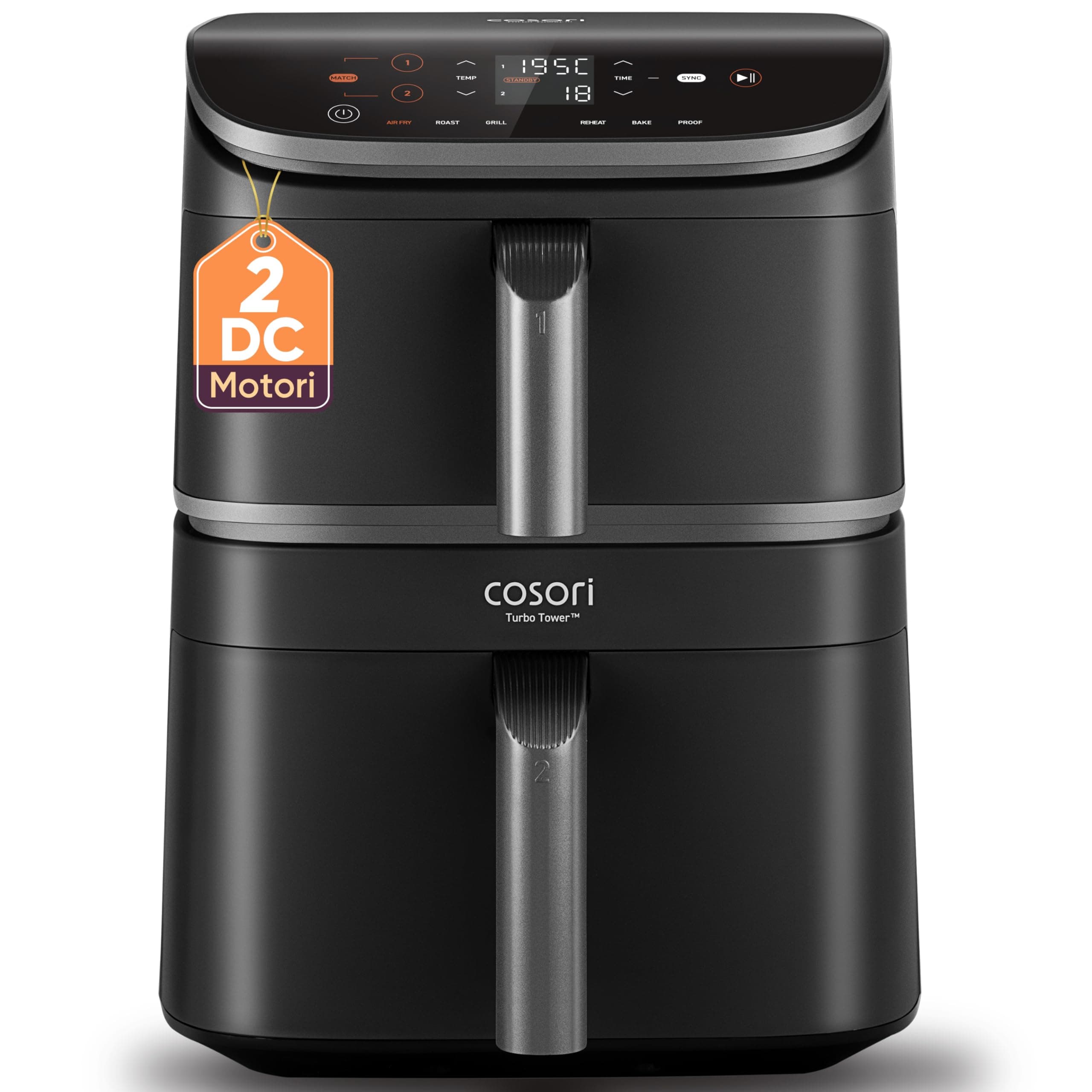 COSORI Turbo Tower Friggitrice ad Aria 10,8L con Cestelli Verticali, Cottura Salvaspazio a 3 Livelli, 2630W, 6 Funzioni, 2 Motori DC, 50+ Ricette Complete Online,CAF-DC111,Grigio