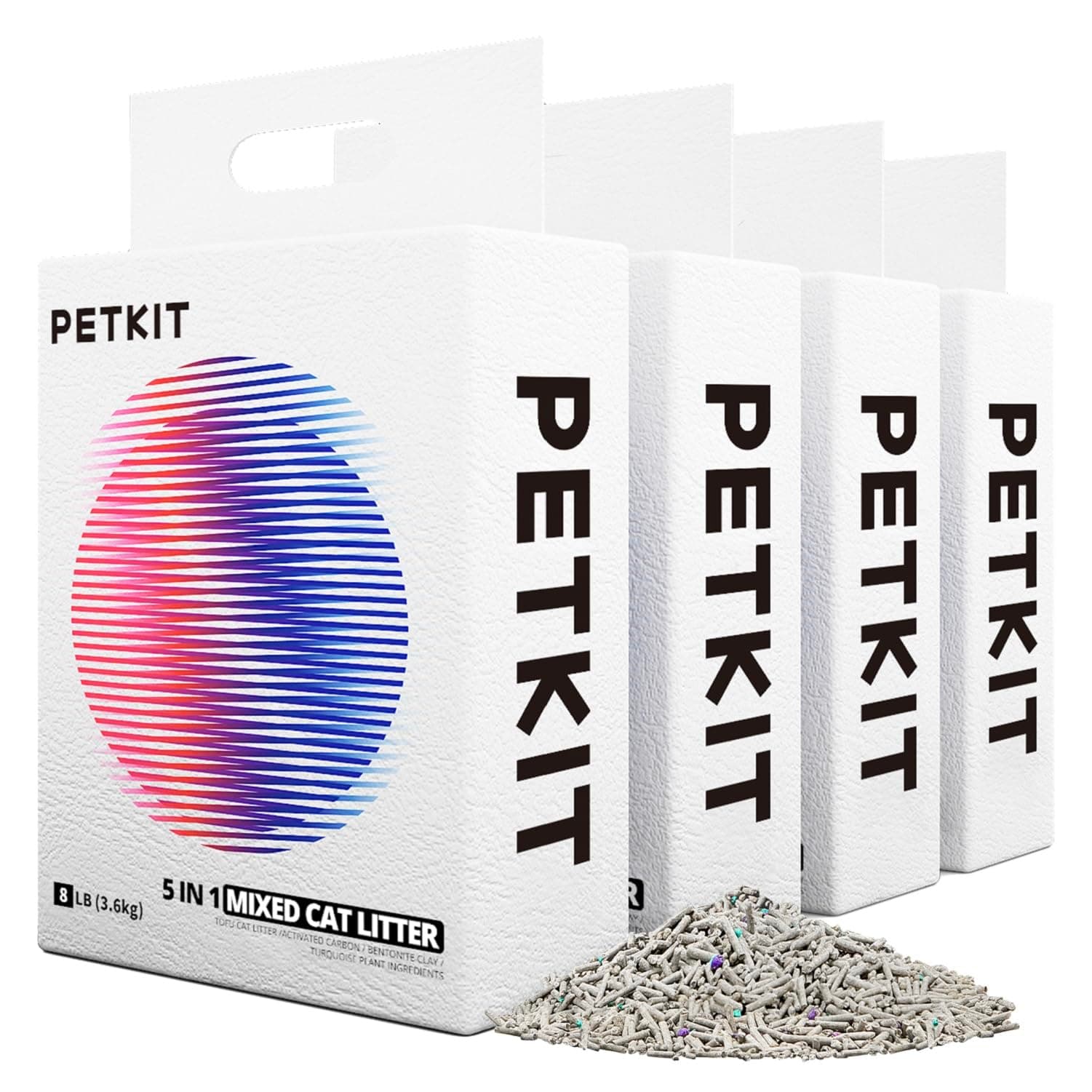 PETKIT Arena Mixta para Gatos 5 en 1, Enjuagable, Sin Olores, con Carbón Activado, Ultra Absorbente y de Secado Rápido(Cuatro Bolsas)