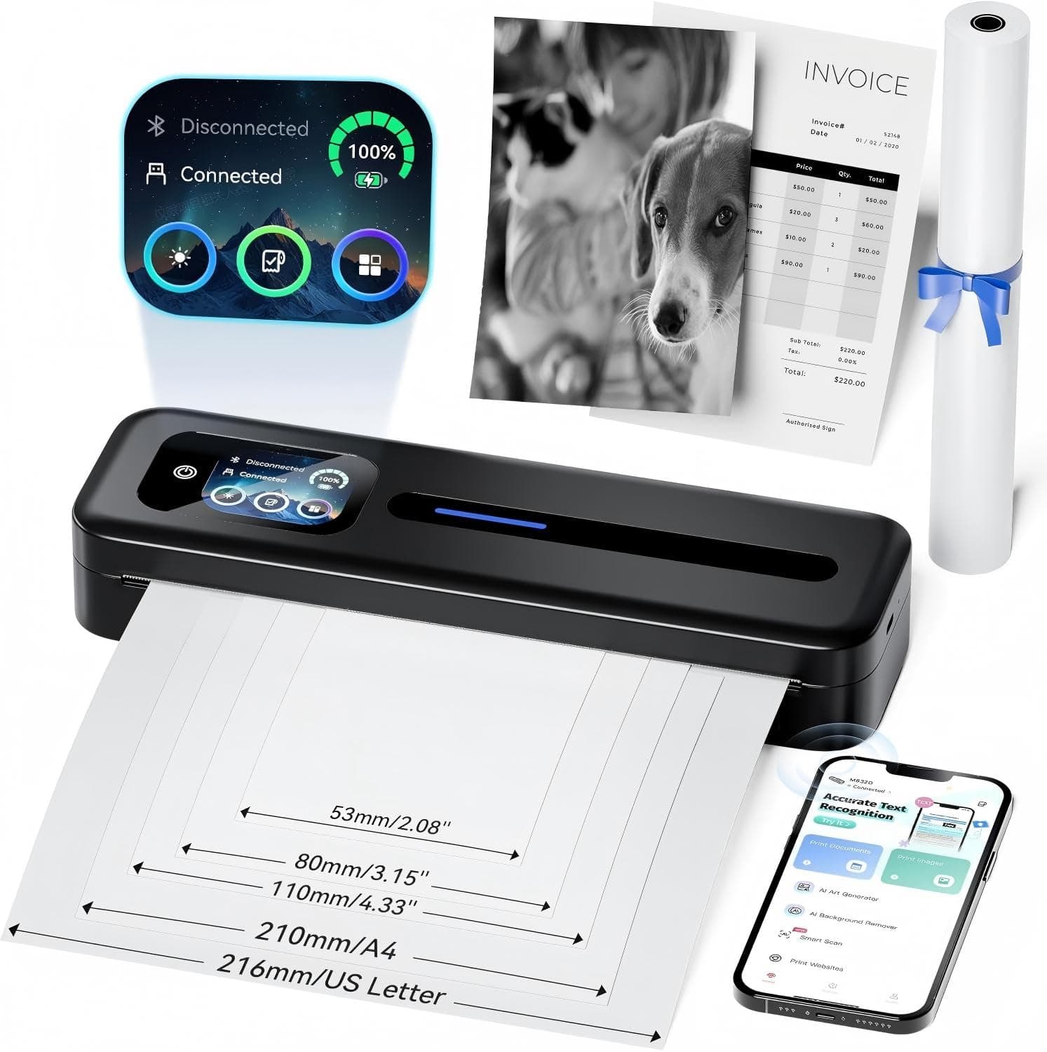 Phomemo M832D Stampante Termica Portatile A4 con Schermo Tattile | Stampanti Mobili 300 dpi Compatibili con iOS e Android, Telefono e Laptop per Casa e Ufficio