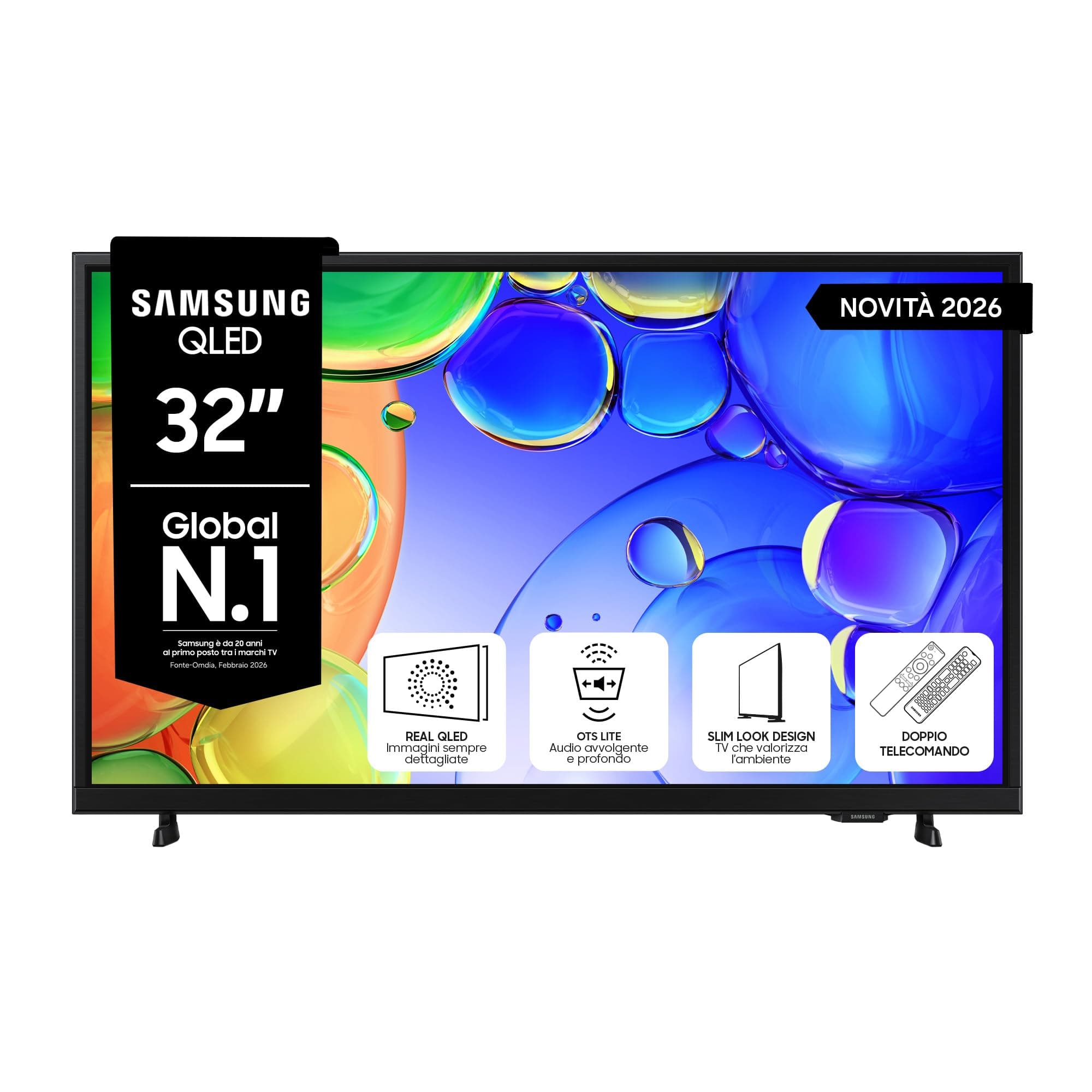 Samsung Smart TV 32" QE32Q5FAAUXZT QLED, Full HD, Real QLED, Quantum HDR, Contrast Enhancer, OTS Lite, Adaptive Sound, Gaming Hub, Slim Look Design, Edizione Speciale PACCHETTO INTRATTENIMENTO, 2026