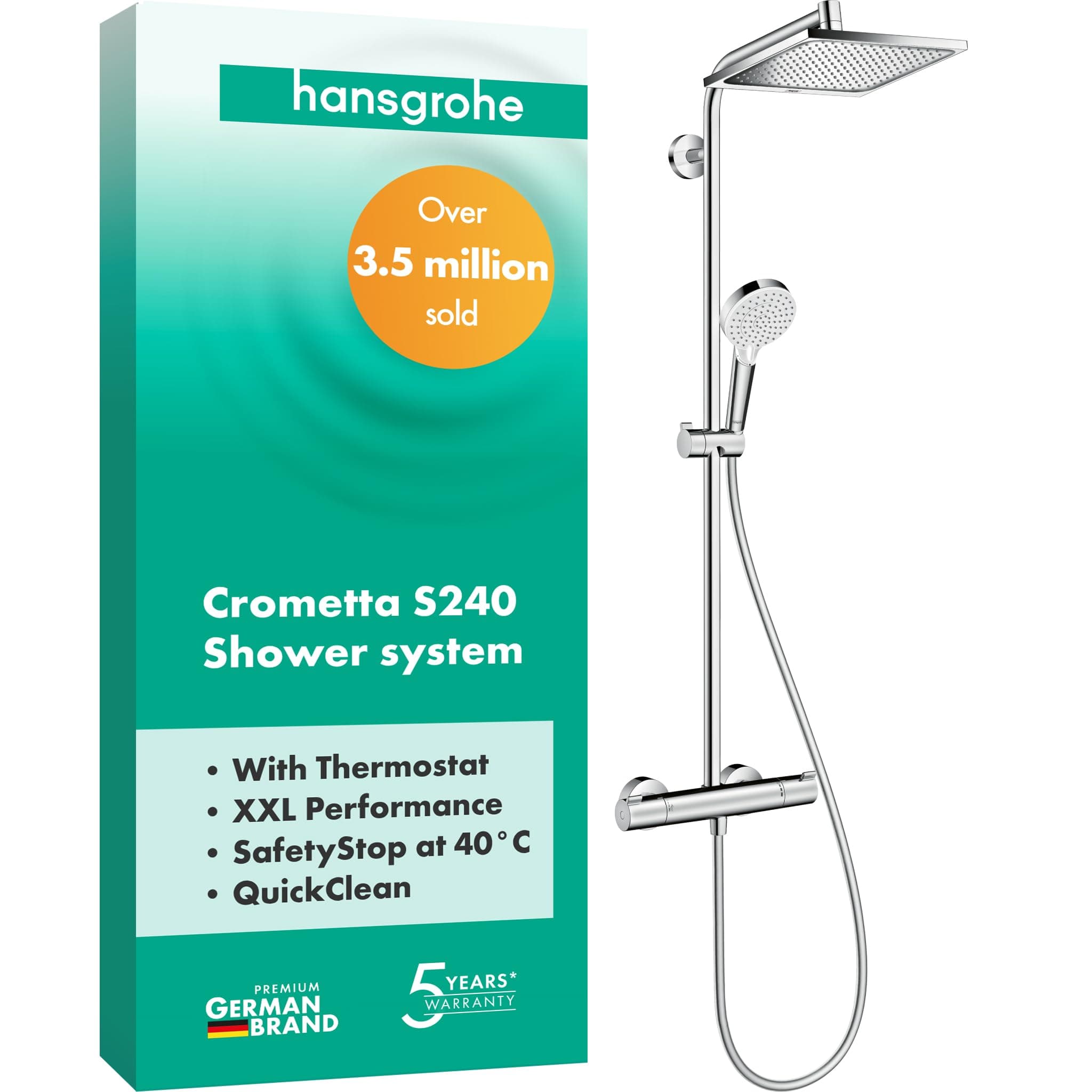 hansgrohe Crometta E - sistema de ducha con termostato, ducha lluvia (240 x 240 mm) con grifo, ducha de mano (2 tipos de chorro), flexo, barra, ducha fija rectangular, cromo, 27271000