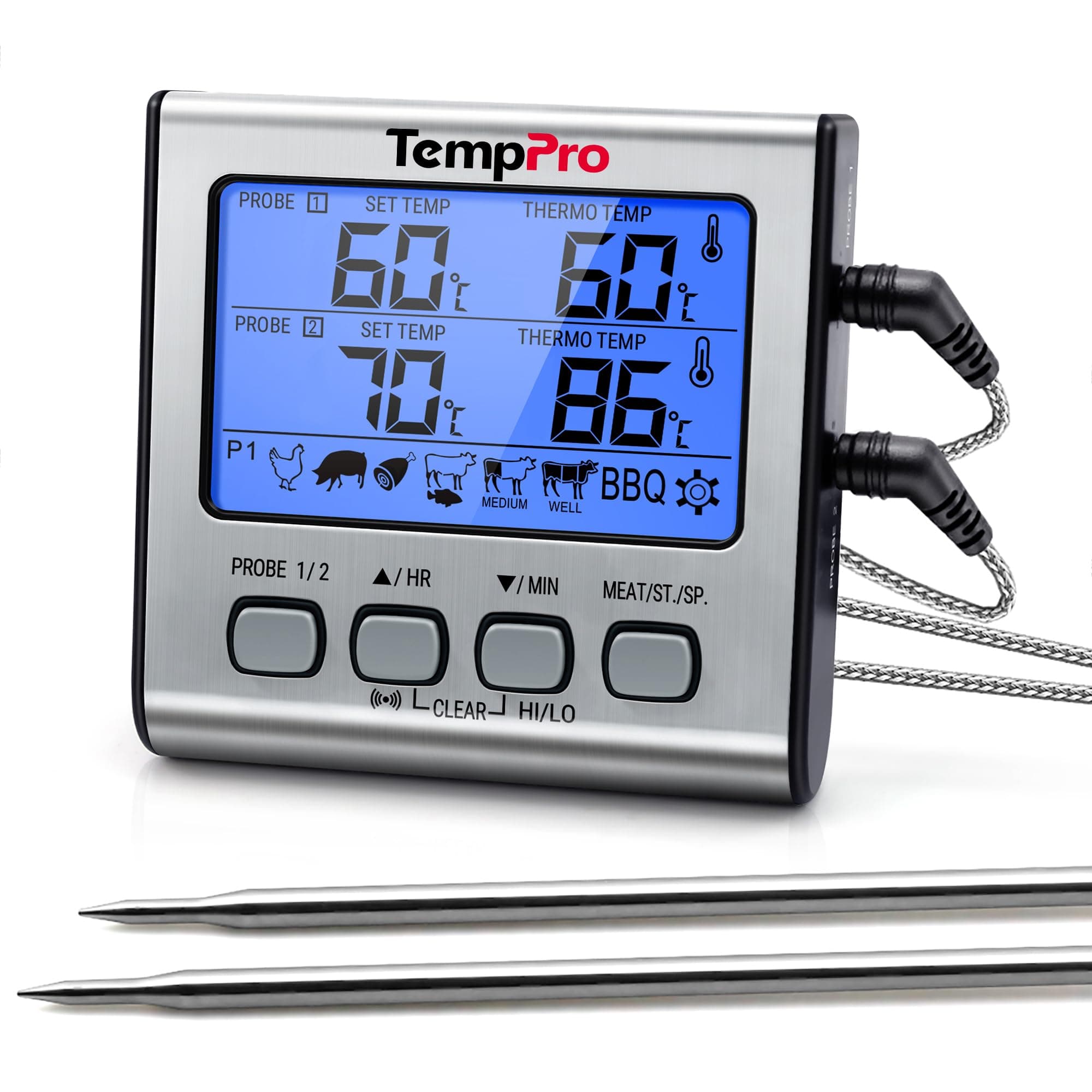 TempPro TP17 Termometro Cucina Digitale a Doppia Sonda con Modalità Timer | e Display LCD ,per Cottura BBQ Alimenti Carne Forno Arrosto Griglia Precedentemente ThermoPro