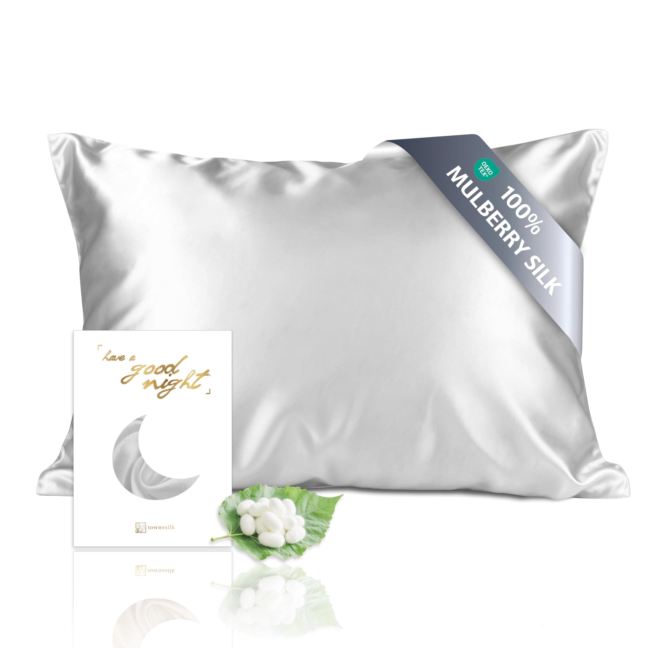 townssilk Federa seta cuscino,100% naturale seta di gelso 19momme,doppia faccia,benefica per capelli e pelle,ipoallergenica,cerniera nascosta,1 pz,50x70cm,Argento