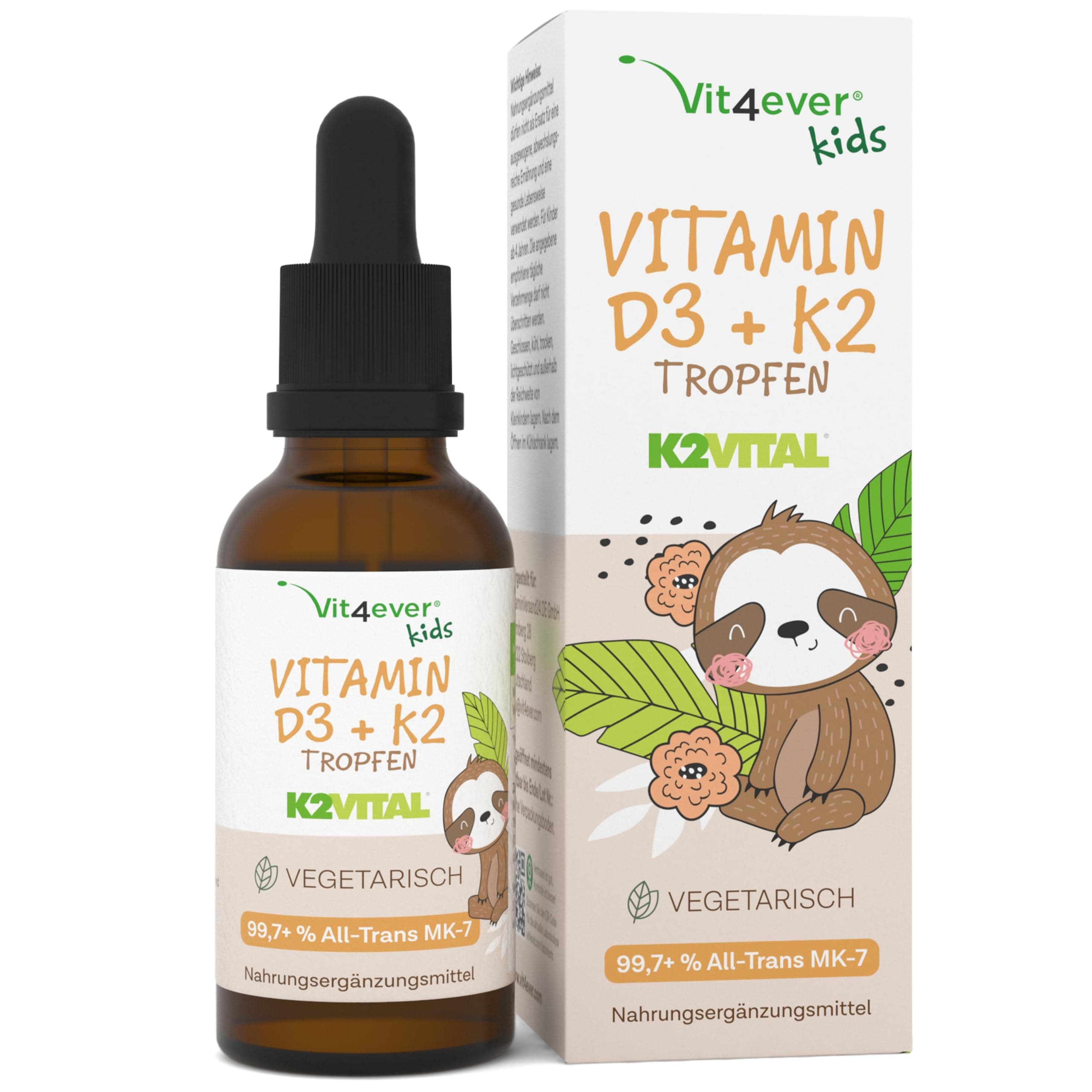 vit4ever Vitamin D3 K2 Tropfen für Kinder für 300 Tage (10 Monate) - 500 I.E. Vitamin D & 25 μg Vitamin K2 - Hoch bioverfügbar durch Original K2VITAL® - Ohne schädliche Zusätze - Vitamine für Kids