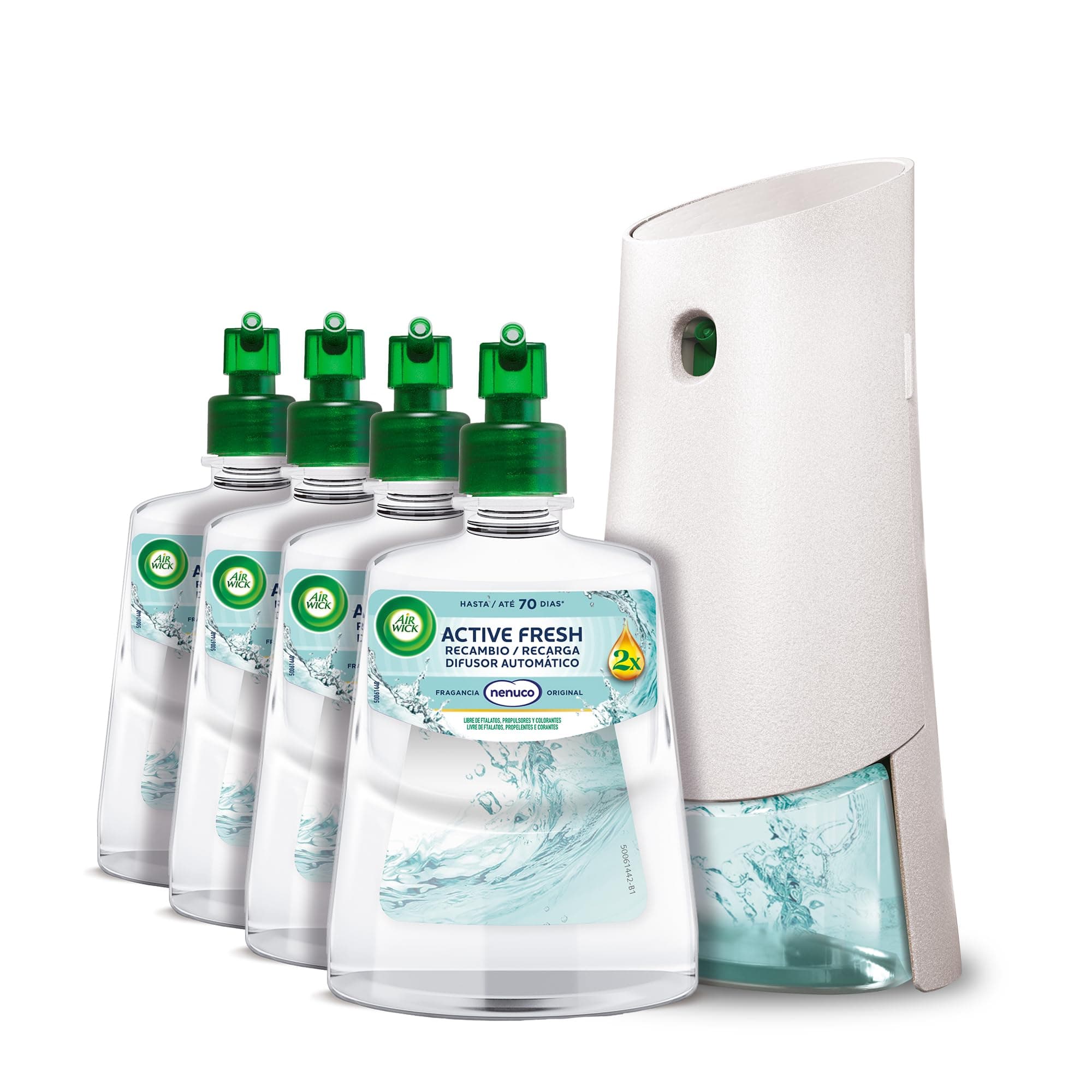 Air Wick Active Fresh - aparato y 4 recambios de ambientador automático fragancia Nenuco, infusionado con 2 veces más aceites esenciales, 280 días de frescor