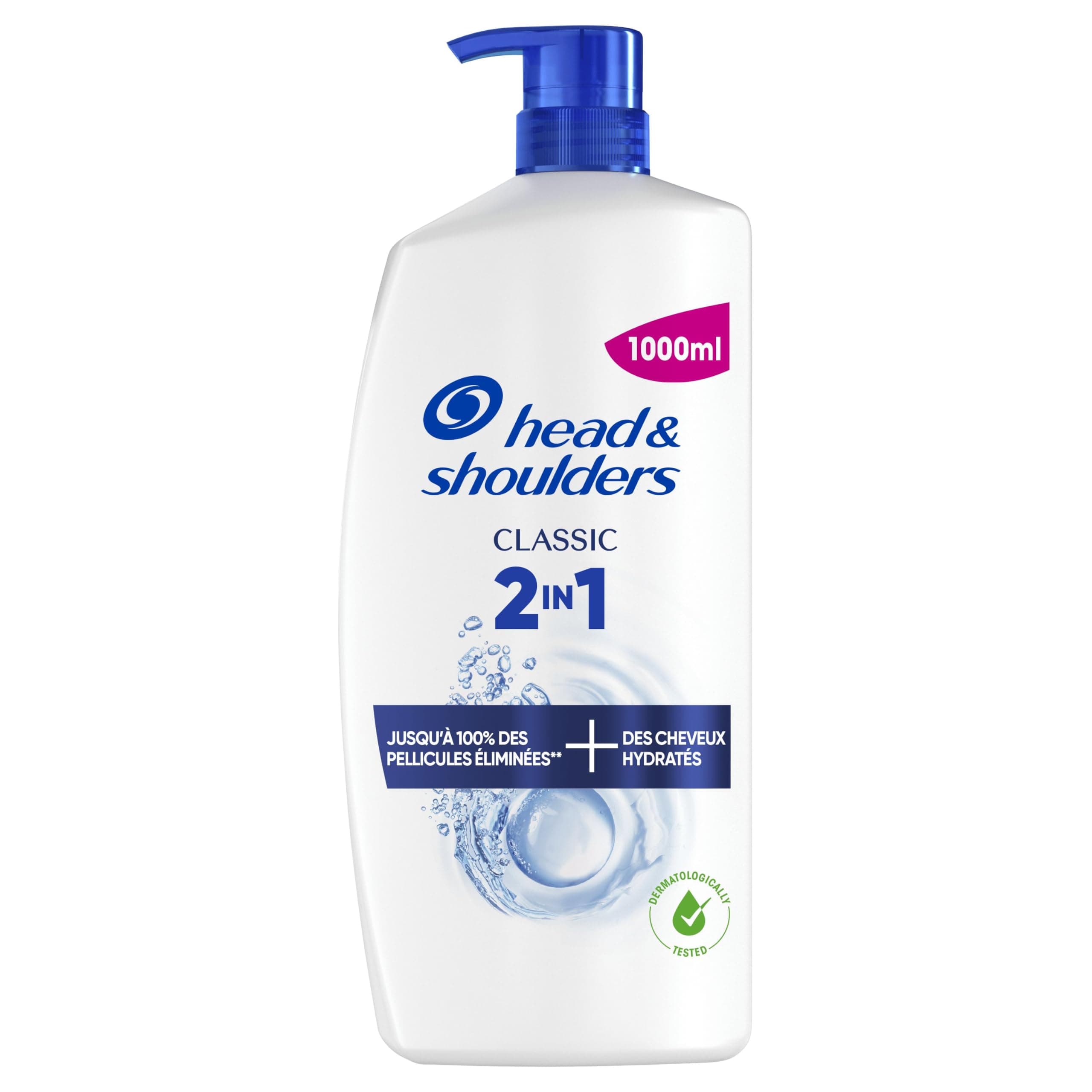 Head & Shoulders Classic 2 en 1 Shampoing Antipelliculaire, Tous Types de Cheveux, Pompe 1000ml. Jusqu'à 100% des Pellicules Éliminées, Cliniquement Prouvé. Usage Quotidien. Rafraîchissant