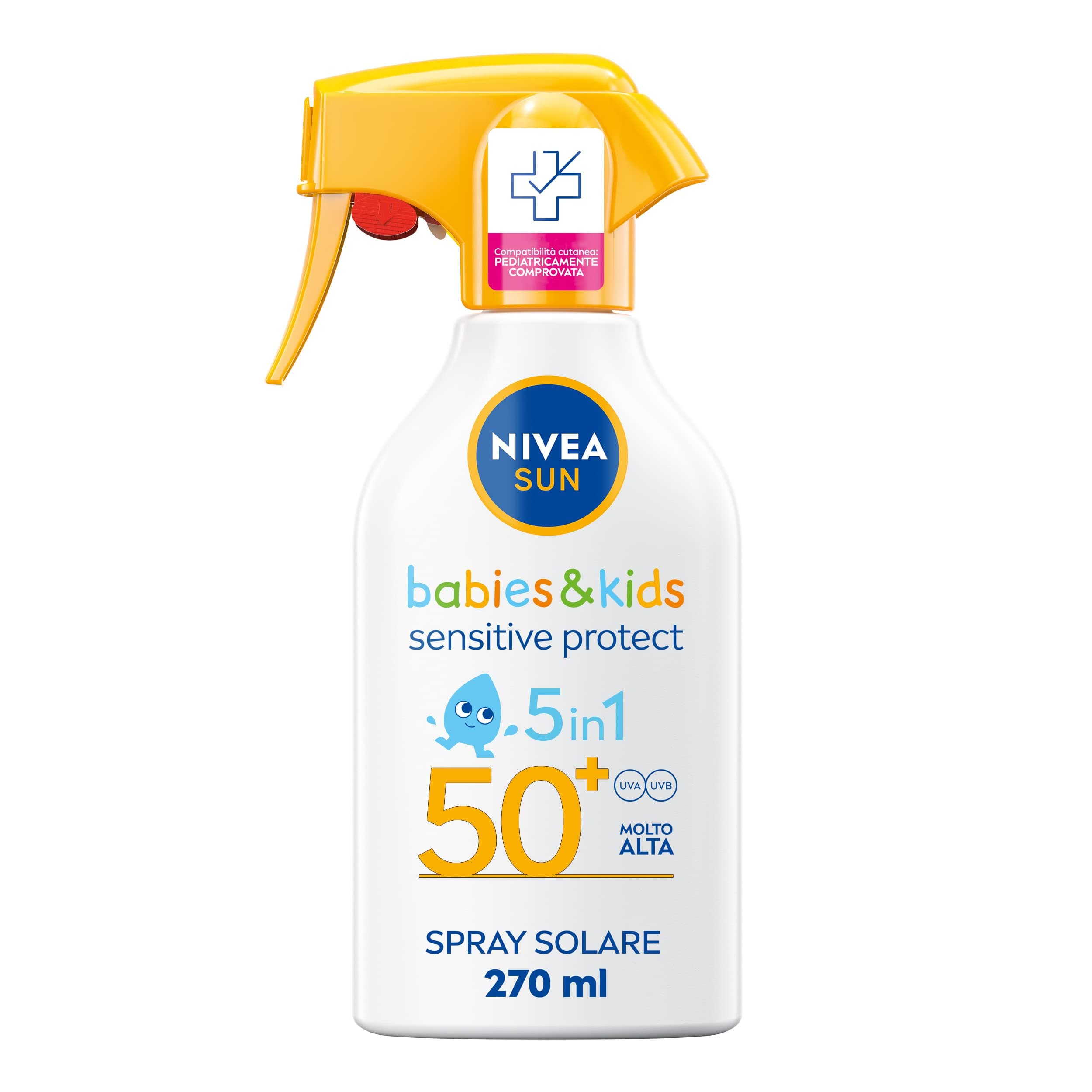 NIVEA SUN Kids Maxi Spray Solare Sensitive Protect & Play SPF 50+ 270 ml, Crema solare 50+ bambini e neonati dai 6 mesi in su, Proezione spray per pelle sensibili e delicate