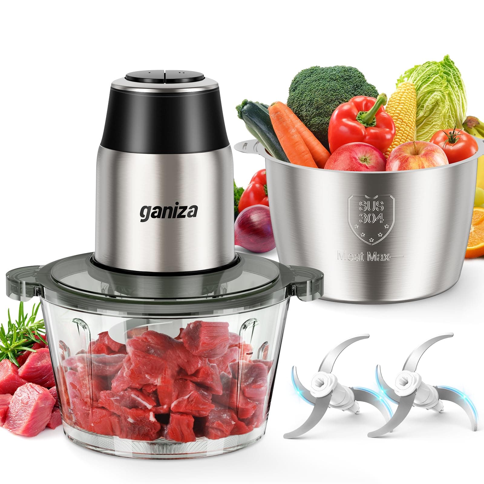 Ganiza Picadora de carne eléctrica, procesador de alimentos con 2 recipientes (1,8 L + 1,8 L), 2 cuchillas dobles, 2 velocidades, picadora eléctrica multifuncional para carne, verduras y frutos secos