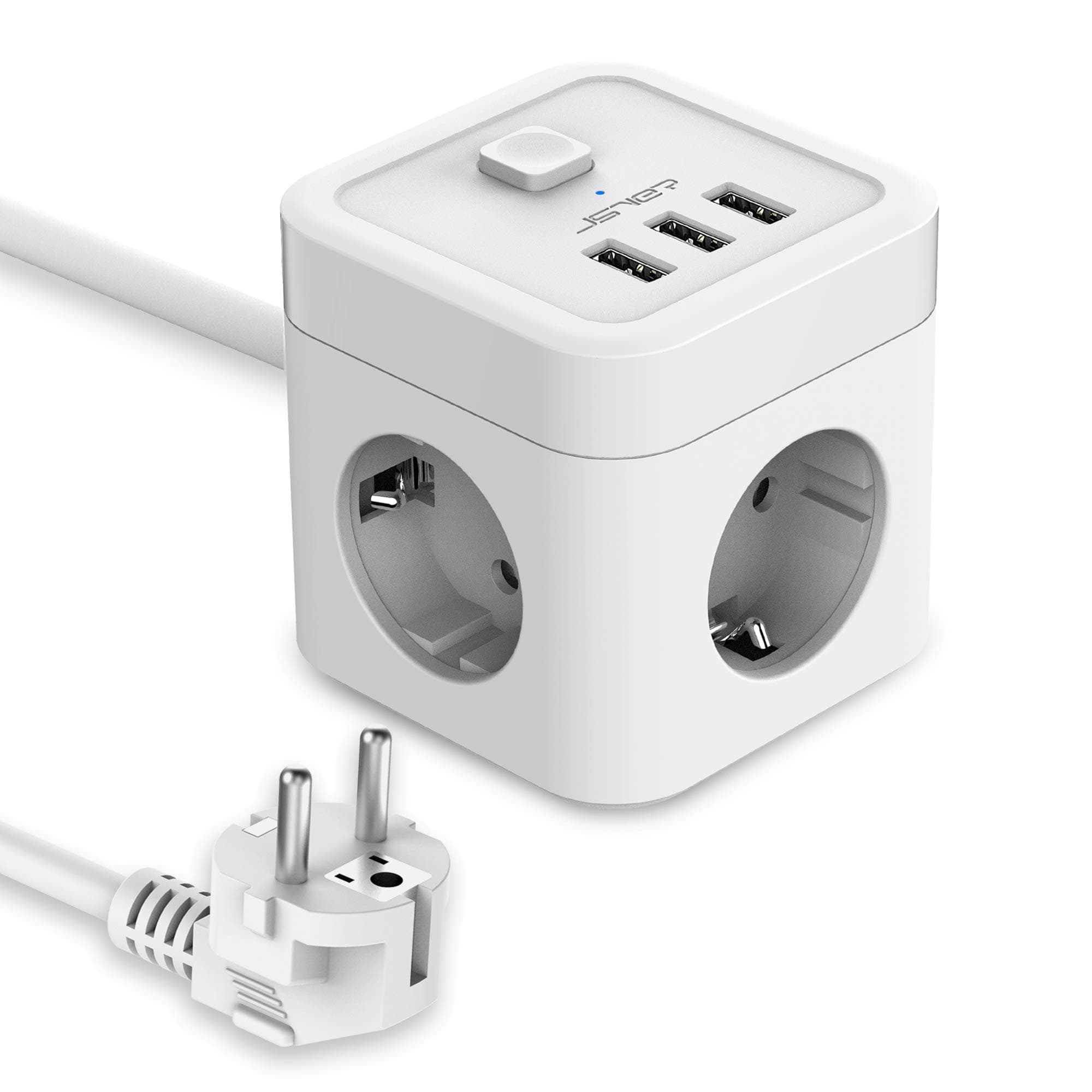 JSVER Cube Enchufe USB con 3 Puertos de USB y 3 Tomas 3680W 16A Regleta Enchufe Alargador Multiple Carga para Samsung iPad iPhone Tablets - Cable 1,5 m Blanco