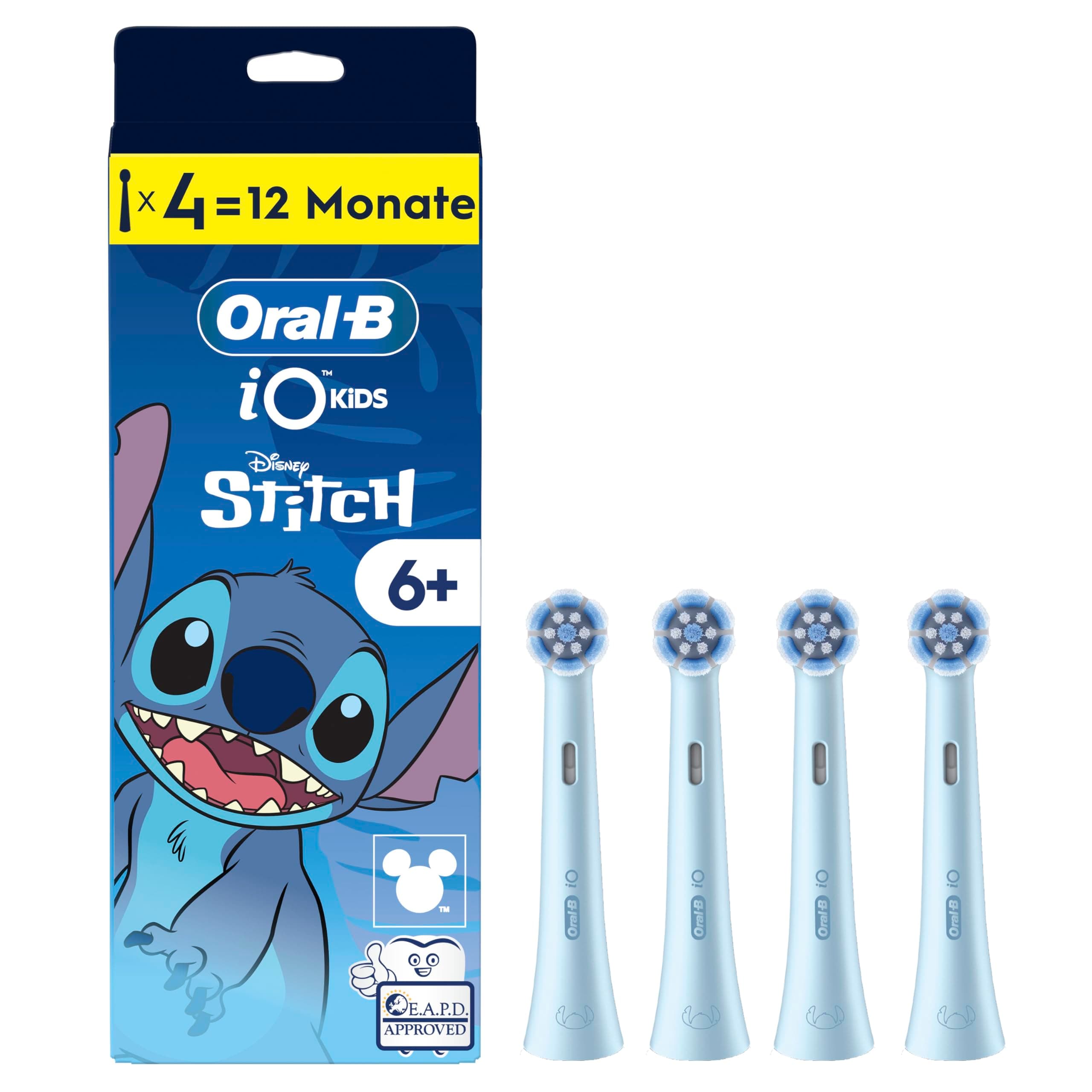 Oral-B iO Kids 6+ Disney Stitch Aufsteckbürsten — ORIGINAL Zahnbürstenaufsatz für Oral-B iO Kids Elektrische Zahnbürste für Kinder ab 6 Jahren, Sanft zu Zähnen & Zahnfleisch — Blau, 4 Stück