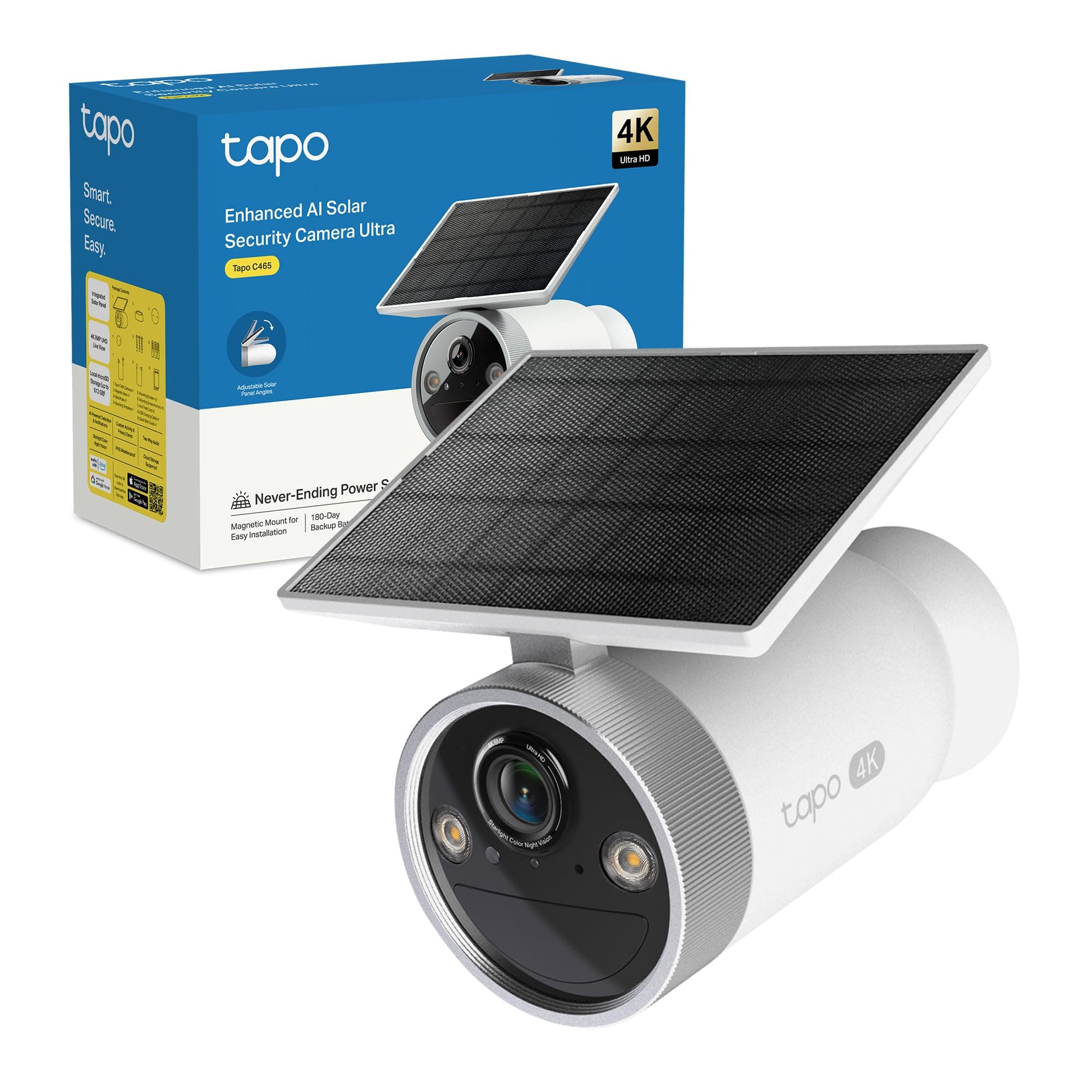 Tapo C465 Telecamera WiFi Esterno 4K 8MP con Pannello Solare Integrato, Batteria 7800 mAh, Base Magnetica con Antifurto, Rilevamento AI, Visione Notturna a Colori Starlight, WiFi 2,4/5 GHz, IP65